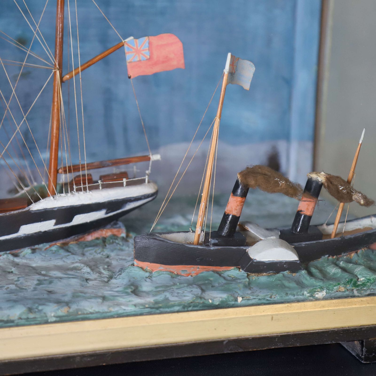 Four‑Masted Sailing Ship Diorama With Steam Barge   Turneresque Seascape photo for sale