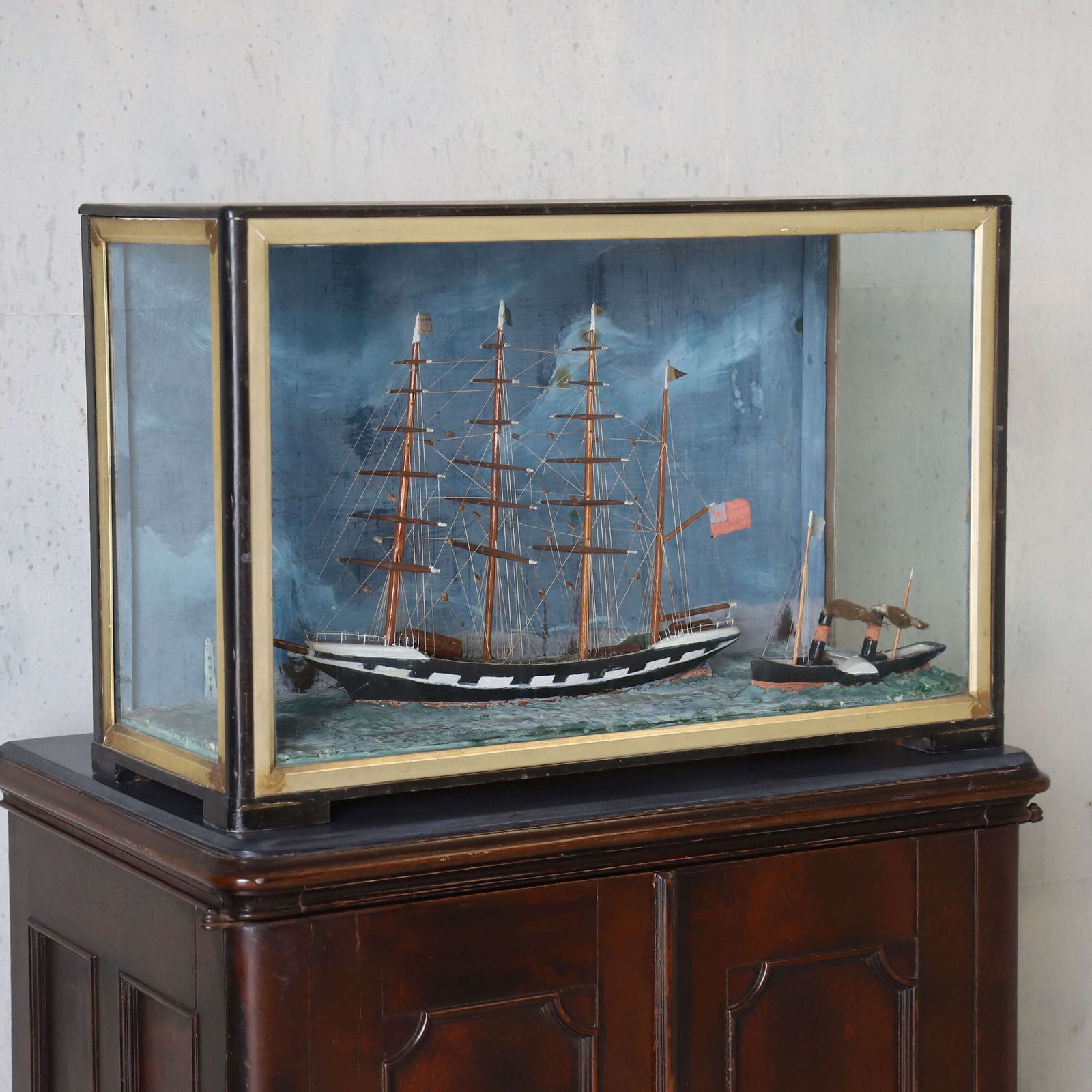 photo for sale Four‑Masted Sailing Ship Diorama With Steam Barge   Turneresque Seascape