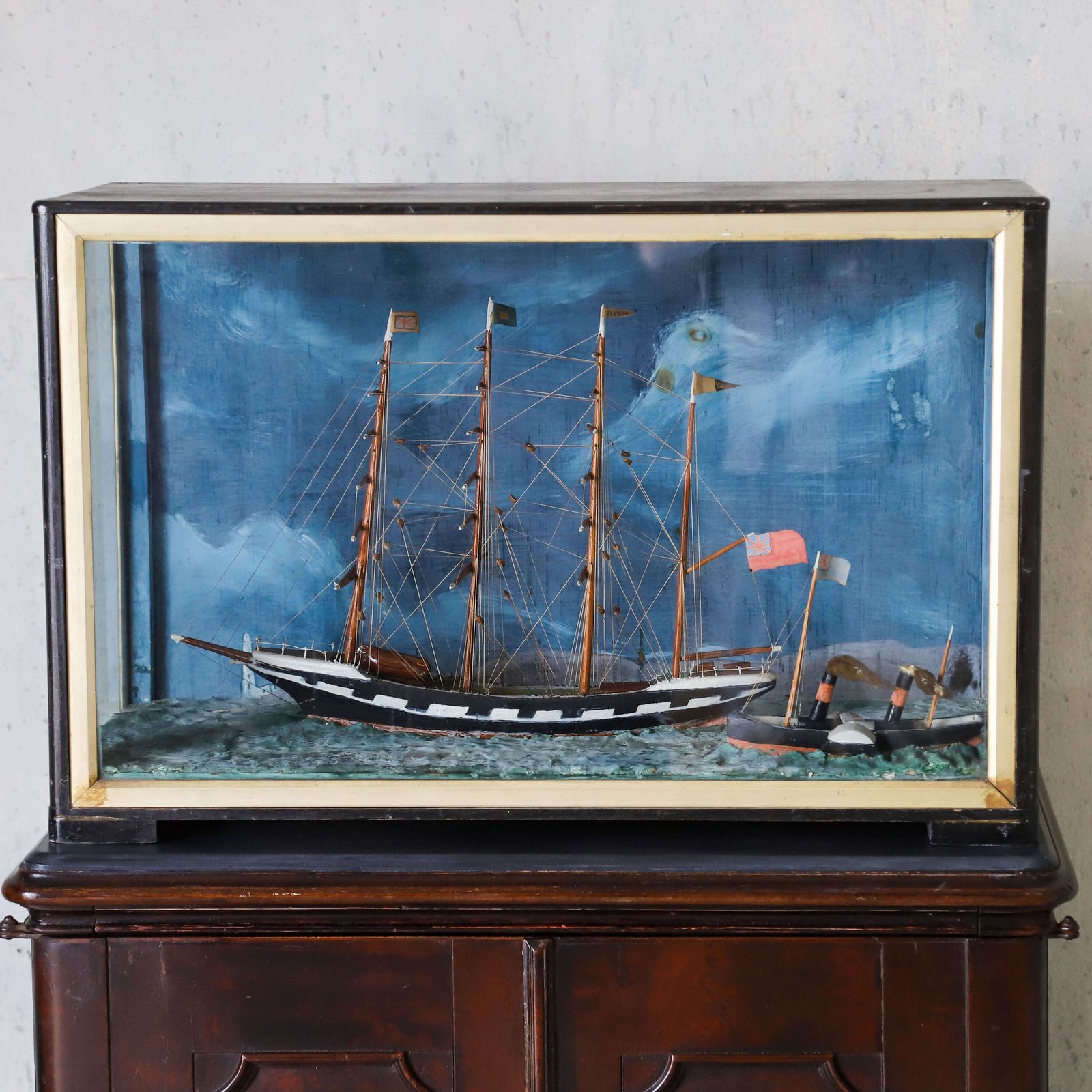 Art Four‑Masted Sailing Ship Diorama With Steam Barge   Turneresque Seascape photo