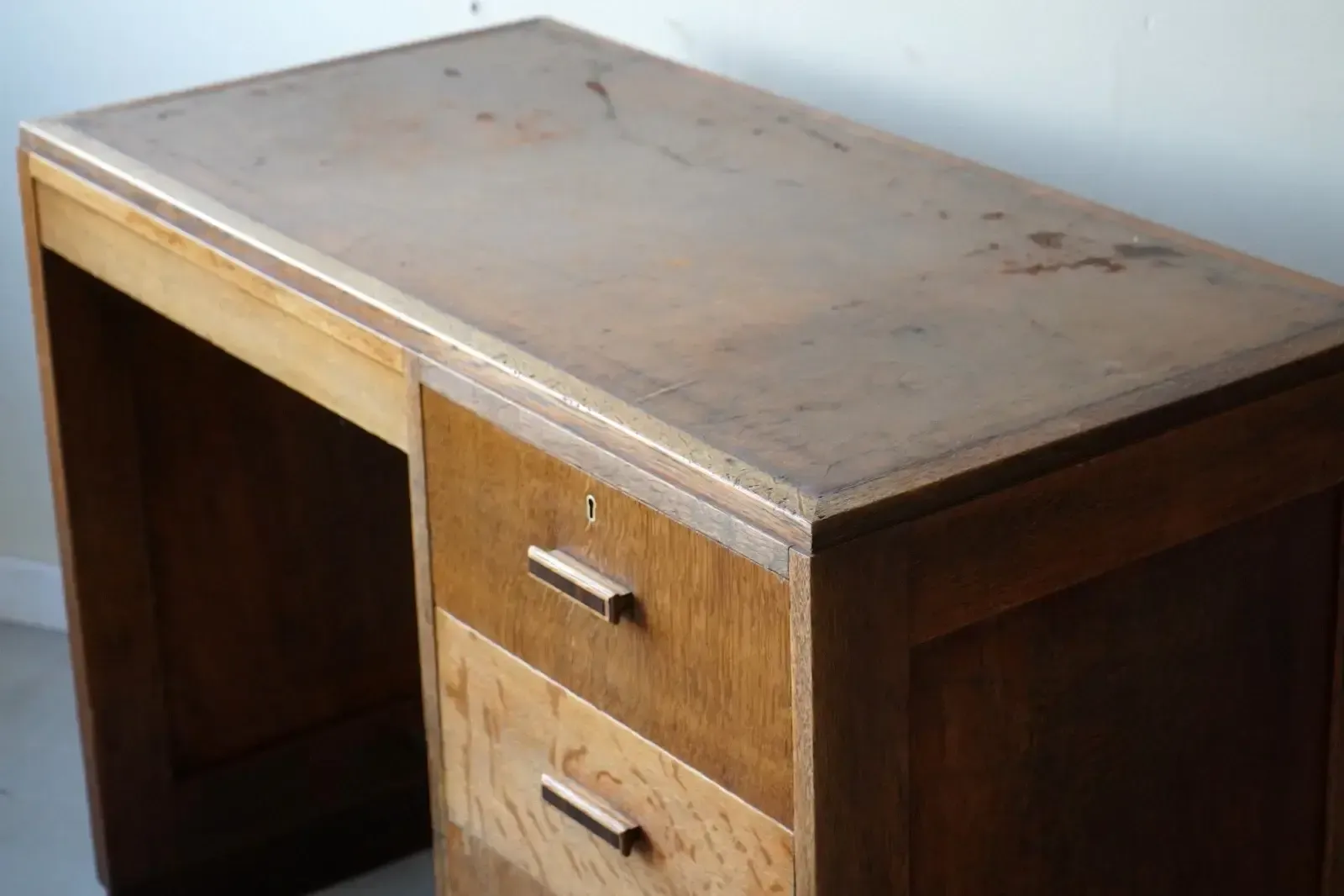Art Deco Oak Desk With Tooled Leather Top, England C.1930 Heals photo vintage