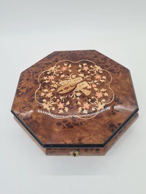 photo for sale Large Music Box In Marquetry And Burl Veneer, Italy, 1960s 1970s