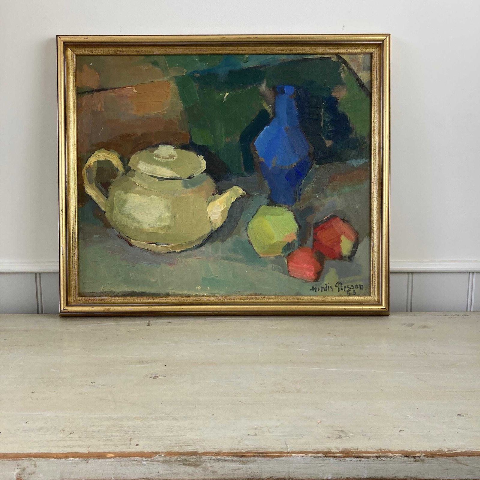 The Studio Table   Vintage Mid Century Modern Scandinavian Original Oil Painting photo for sale