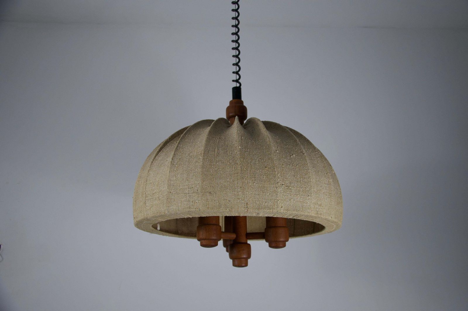 Adjustable Wood And Fabric Shade Pendant Lamp By Domus, 1960s photo for sale