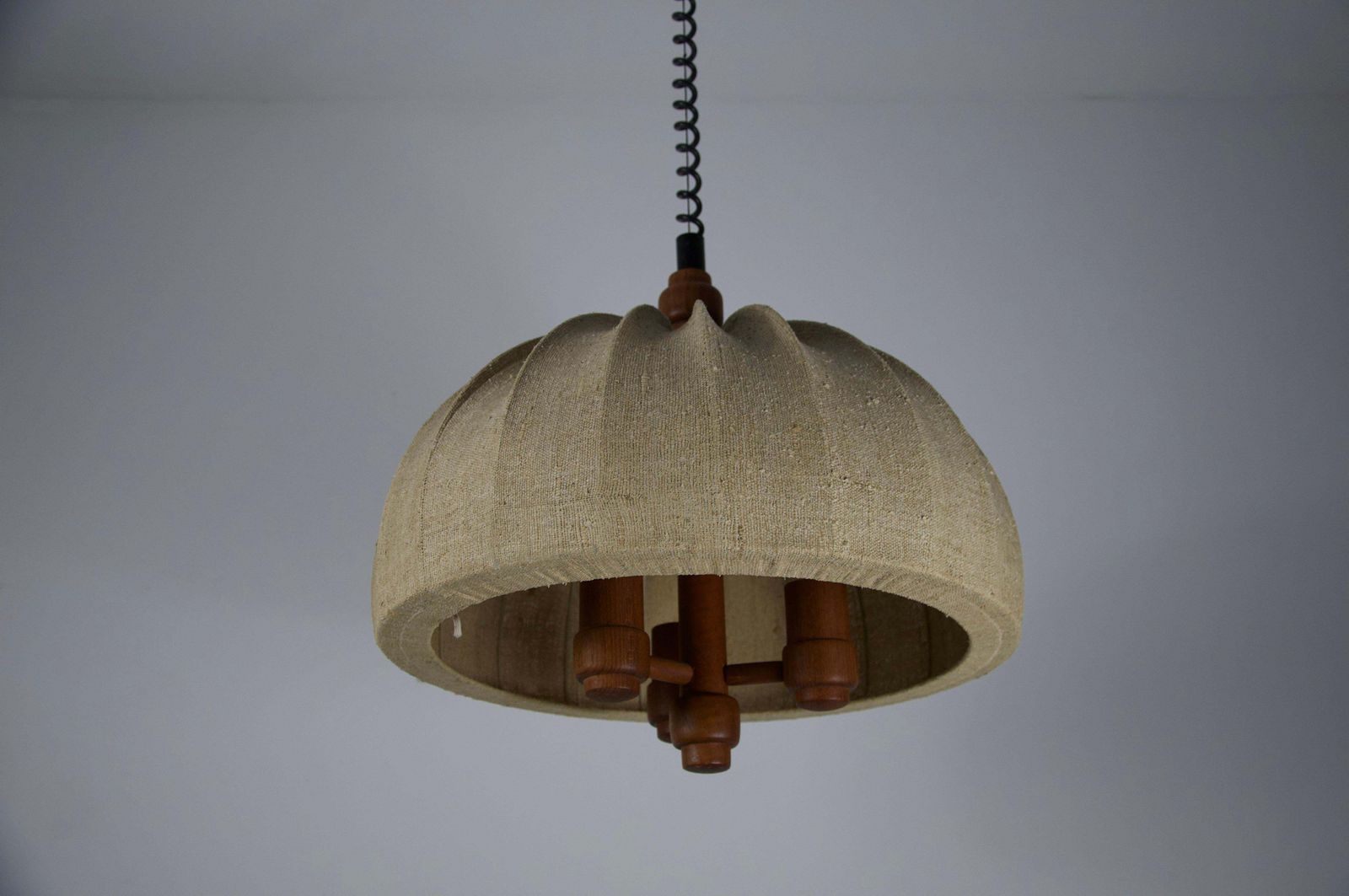 Adjustable Wood And Fabric Shade Pendant Lamp By Domus, 1960s photo vinterior