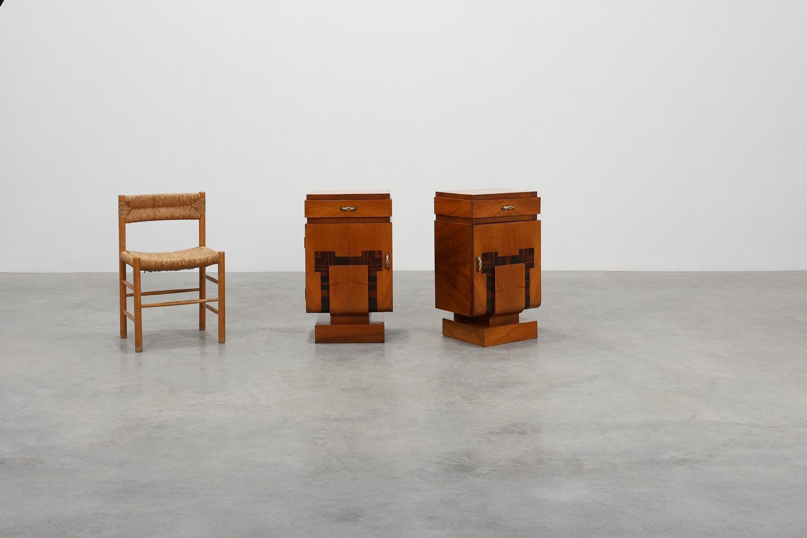 Art Deco Geometric Wooden Nightstands, Italy, 1920s, Set Of 2 photo for sale