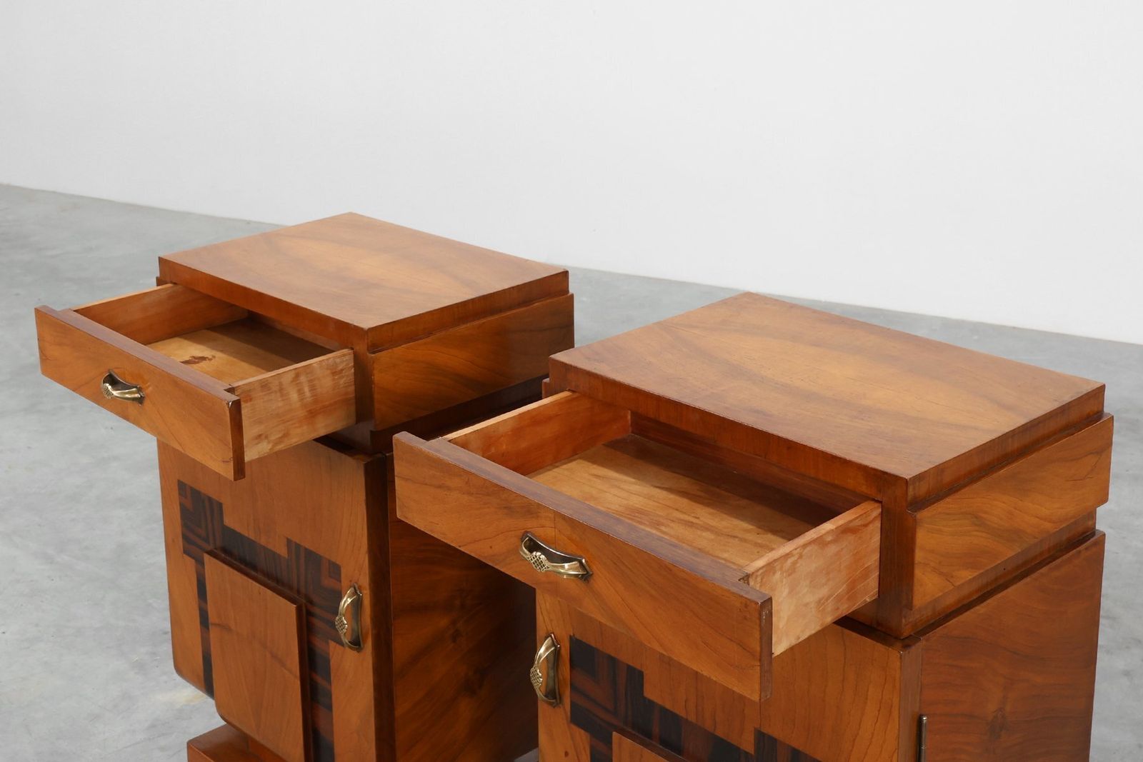 Art Deco Geometric Wooden Nightstands, Italy, 1920s, Set Of 2 photo vintage