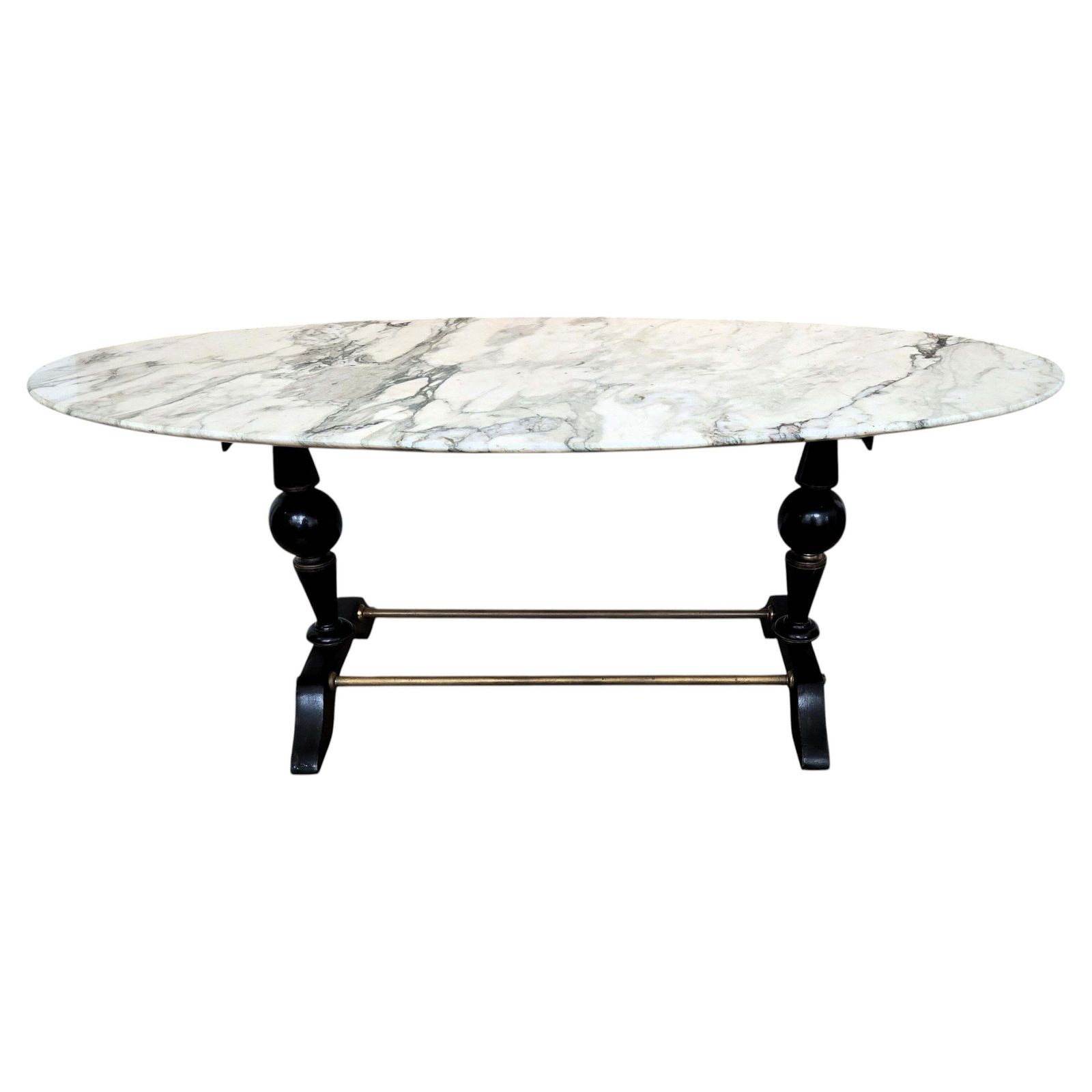 Mid Century Italian Carved Walnut Side Coffee Table With Oval White Marble Top