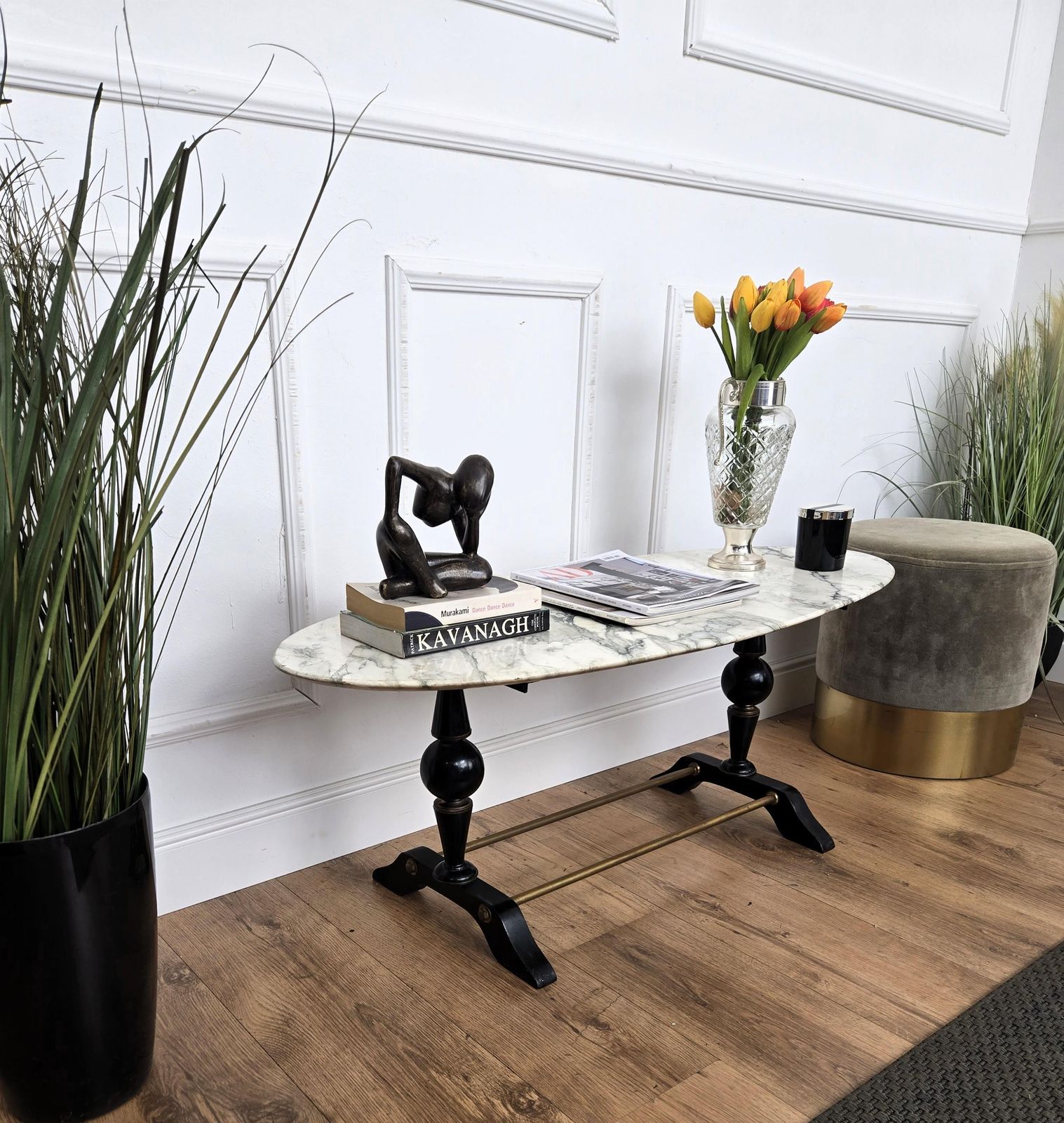 Mid Century Italian Carved Walnut Side Coffee Table With Oval White Marble Top photo furniture