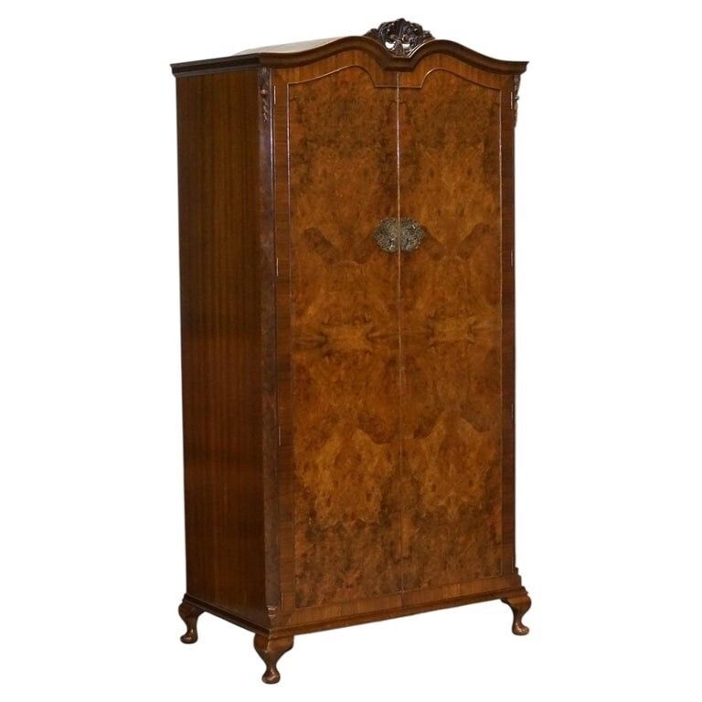 Art Deco 1920's Queen Anne English Burr Walnut Two Door Wardrobe