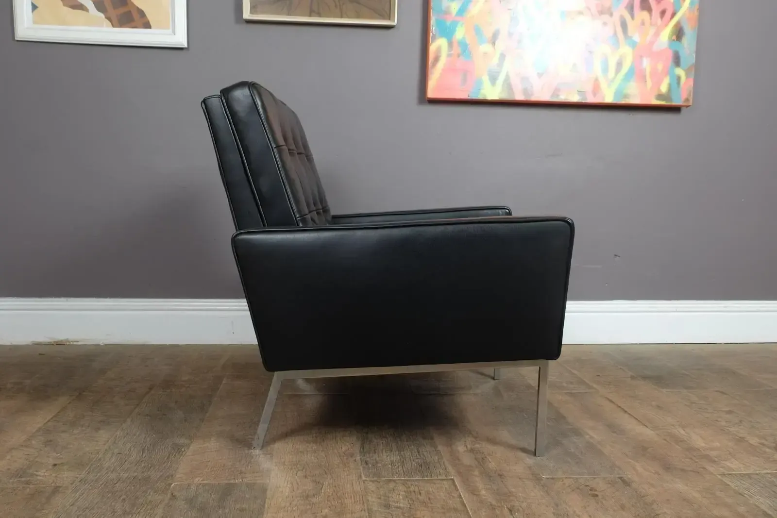 Pair Of Florence Knoll Black Leather Lounge Chairs Model 65a photo buy