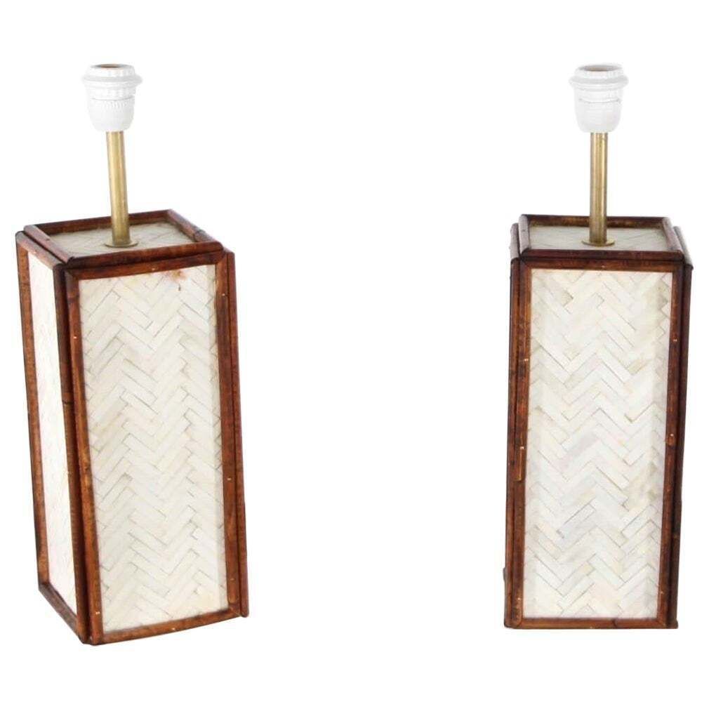 Pair Of Bones Marquetry And Rattan Lamps