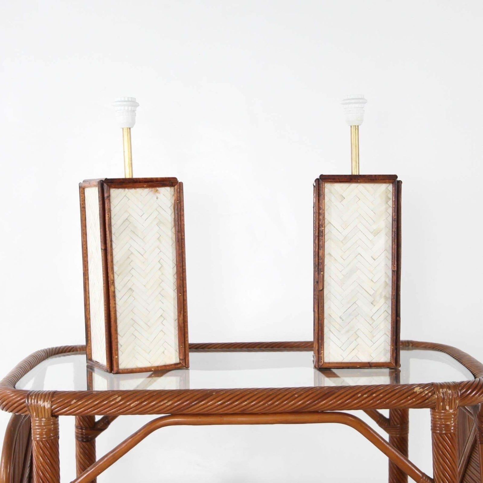 Pair Of Bones Marquetry And Rattan Lamps photo furniture