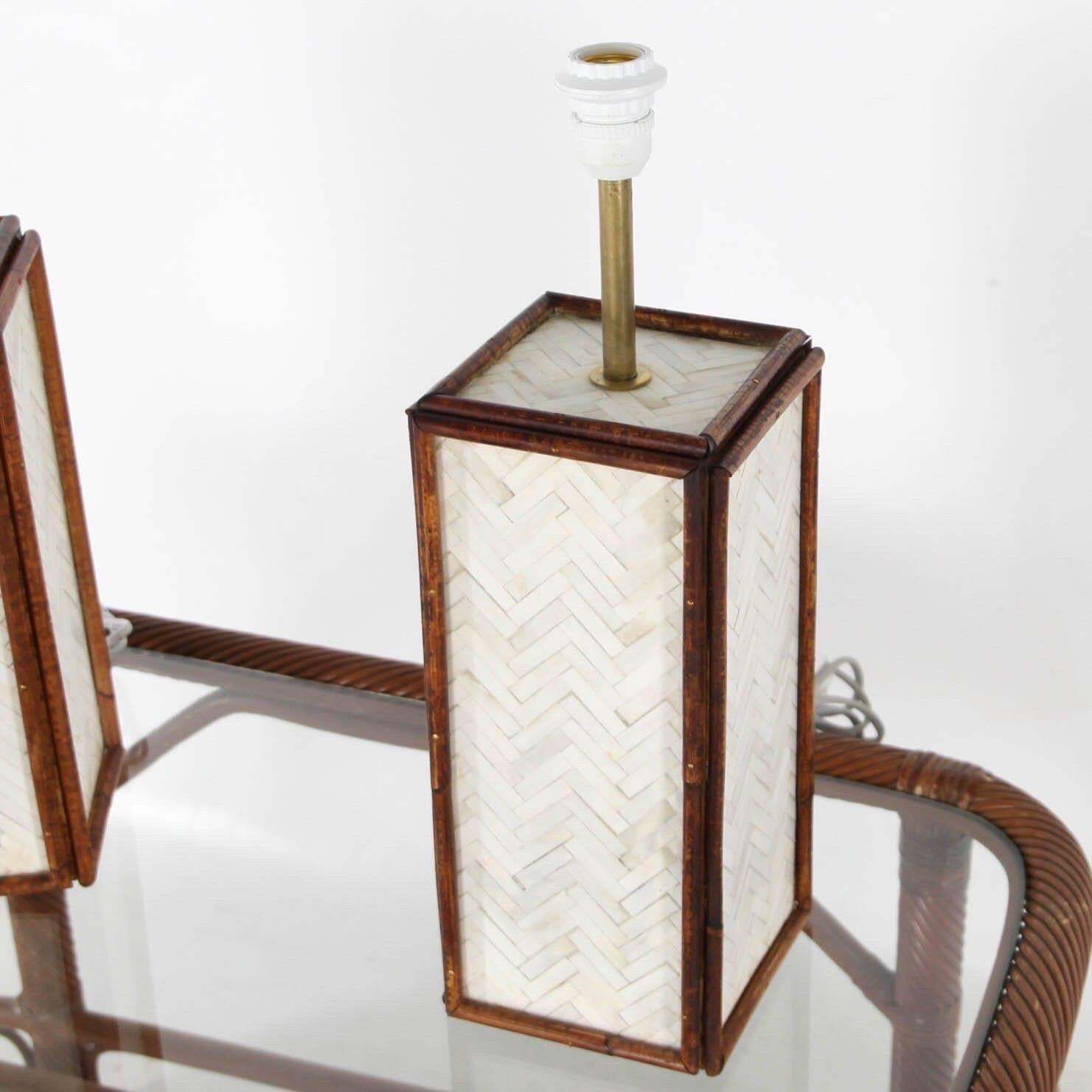 Pair Of Bones Marquetry And Rattan Lamps photo for sale