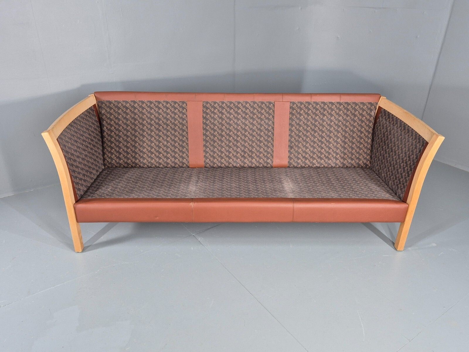 photo for sale Vintage Stouby 3 Seat Sofa Reddy Brown Leather Beech Wood Slat