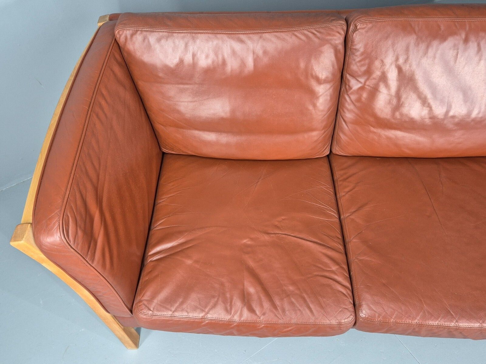 Vintage Stouby 3 Seat Sofa Reddy Brown Leather Mid Century Retro photo vintage