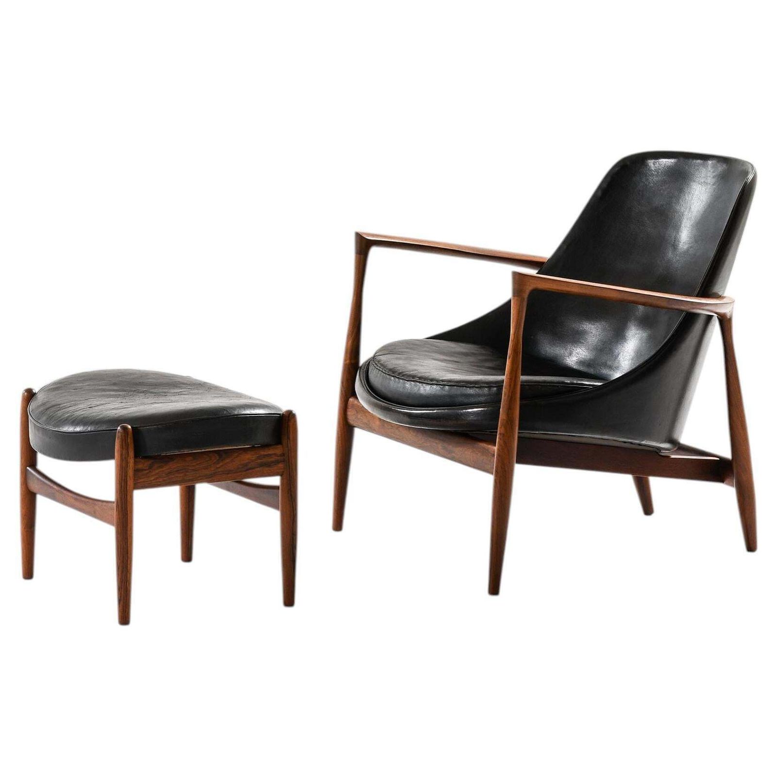 Easy Chair With Matching Stool In Leather And Rosewood By Ib Kofod Larsen 1956