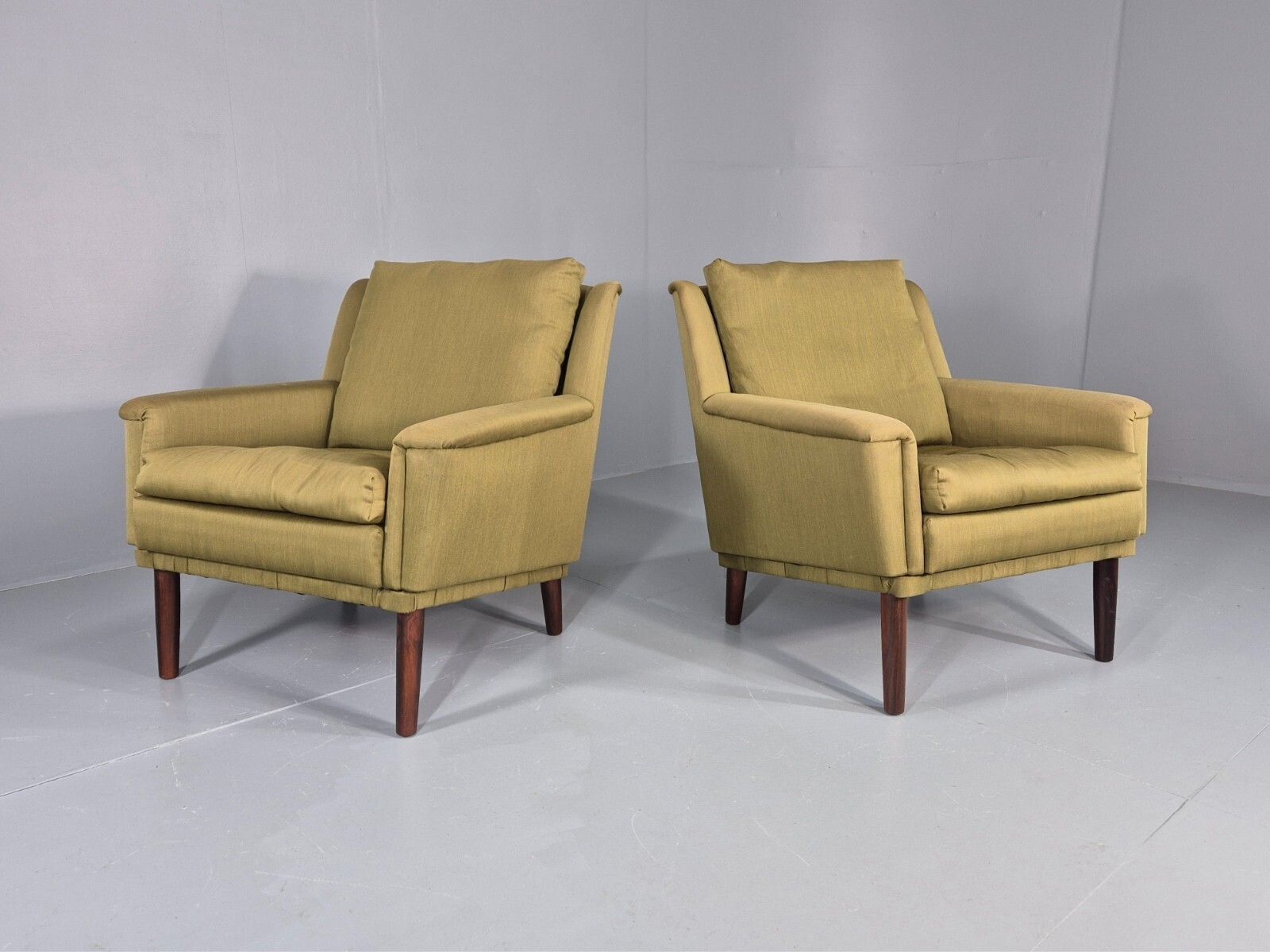 2 Vintage Mid Century Lounge Chairs 1960s Danish Green Cotton