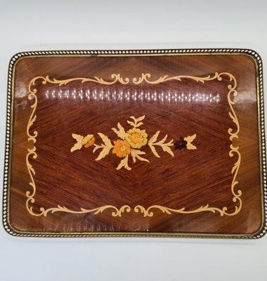 Large Neoclassical Hollywood Regency Inlaid Wooden Tray With Brass Gallery, 1960s 1970s