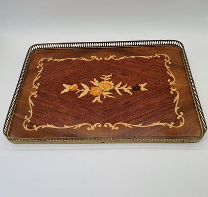 Large Neoclassical Hollywood Regency Inlaid Wooden Tray With Brass Gallery, 1960s 1970s photo furniture