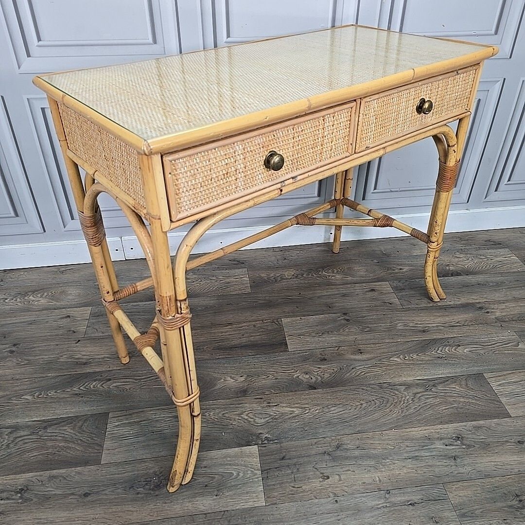 Vintage Bamboo Dressing Table Rattan Framed Wicker Panelled Writing Desk Retro photo furniture