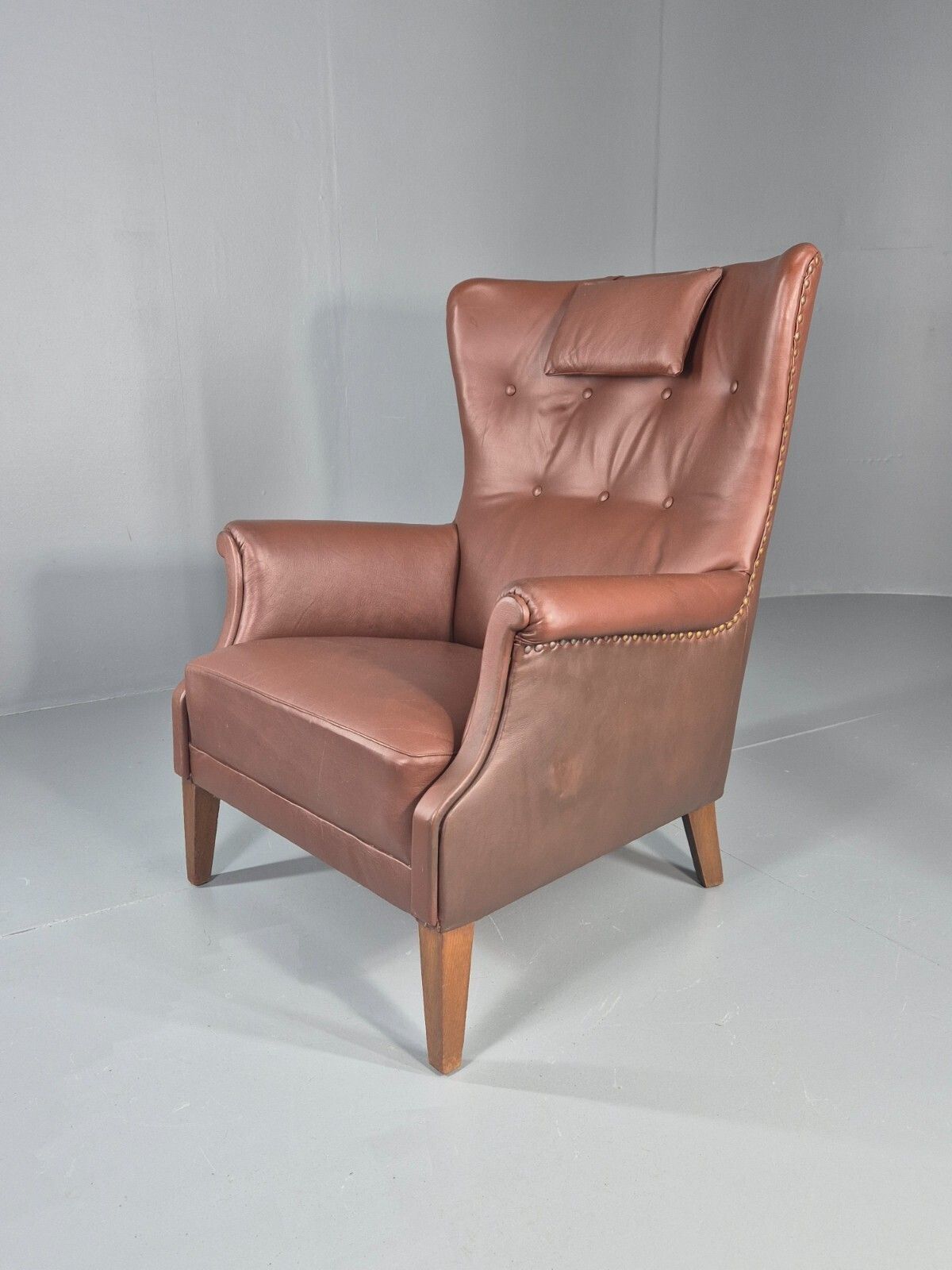 Vintage Mid Century Wing Back Lounge Chair Danish Brown Vinyl Mnor