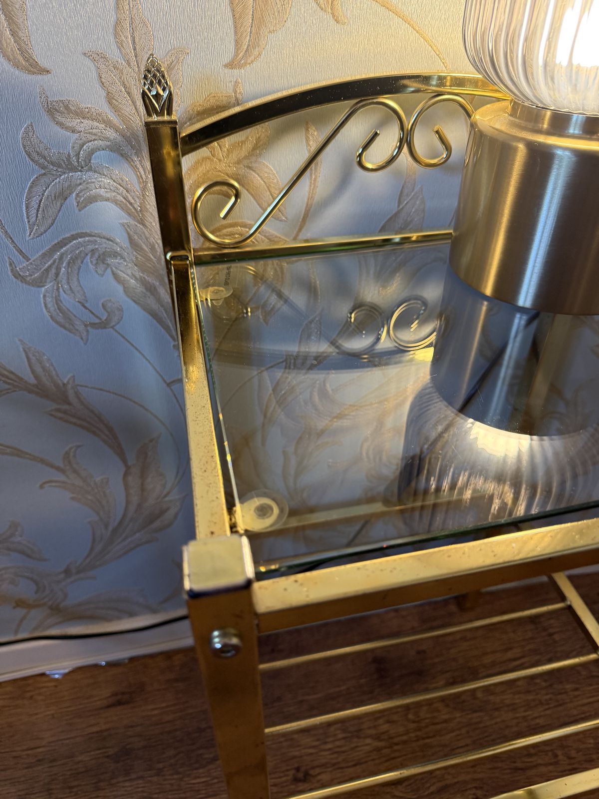 Pair Of Vintage Seetall Regency Gold Coloured Chrome & Glass Nightstands photo for sale