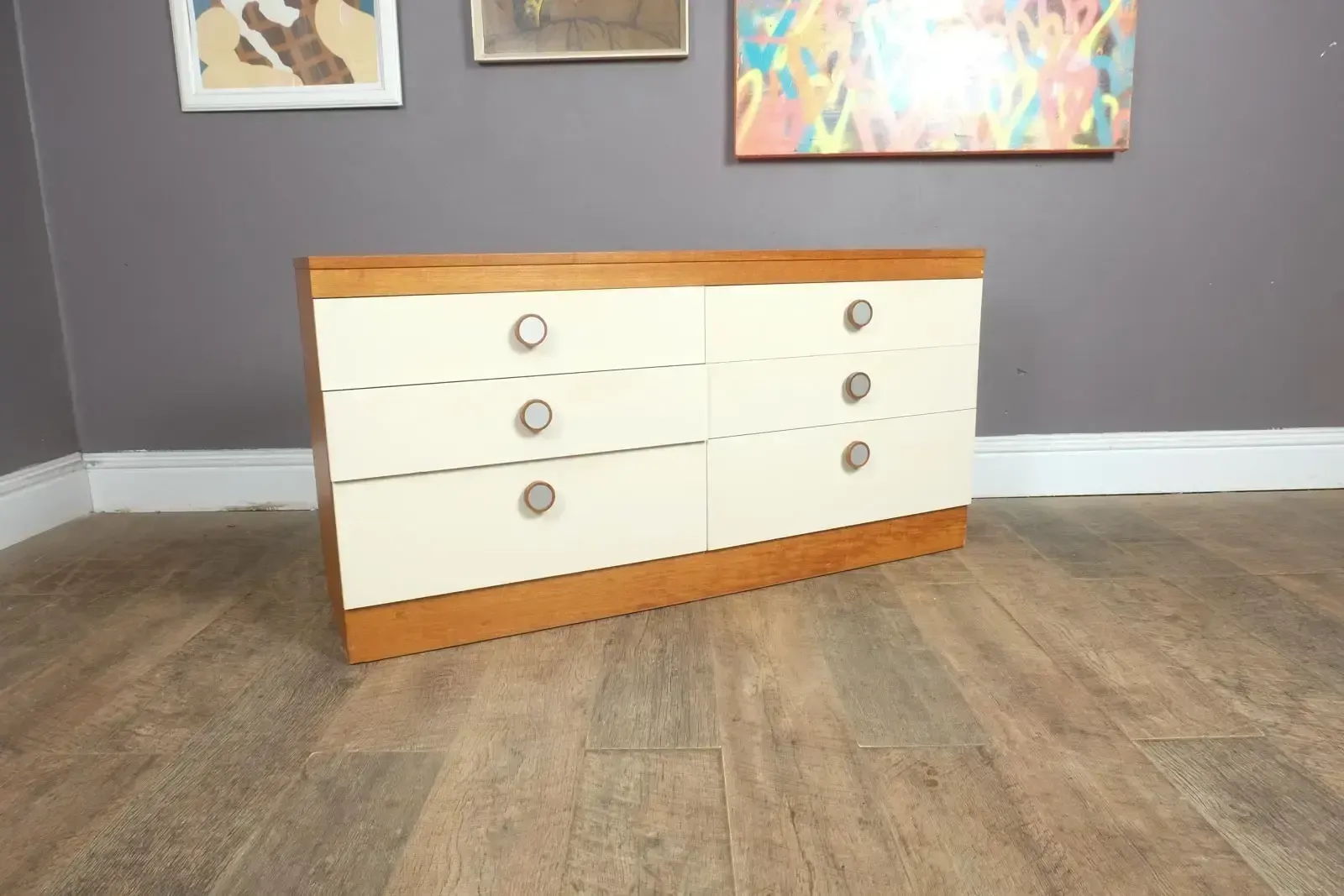 Vintage Retro Mid Century Teak White Fronted Chest Of Drawers By Stag