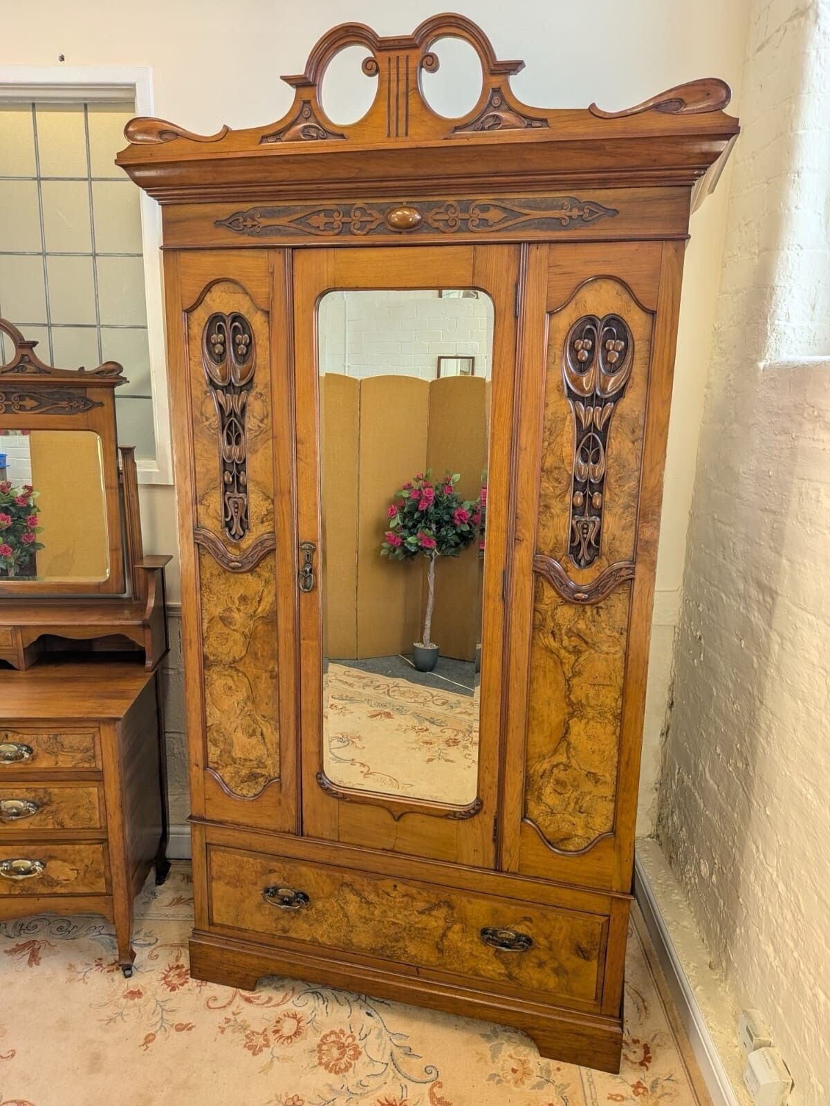 Elegant Edwardian Walnut & Burr Walnut Carved Wardrobe And Chest photo furniture