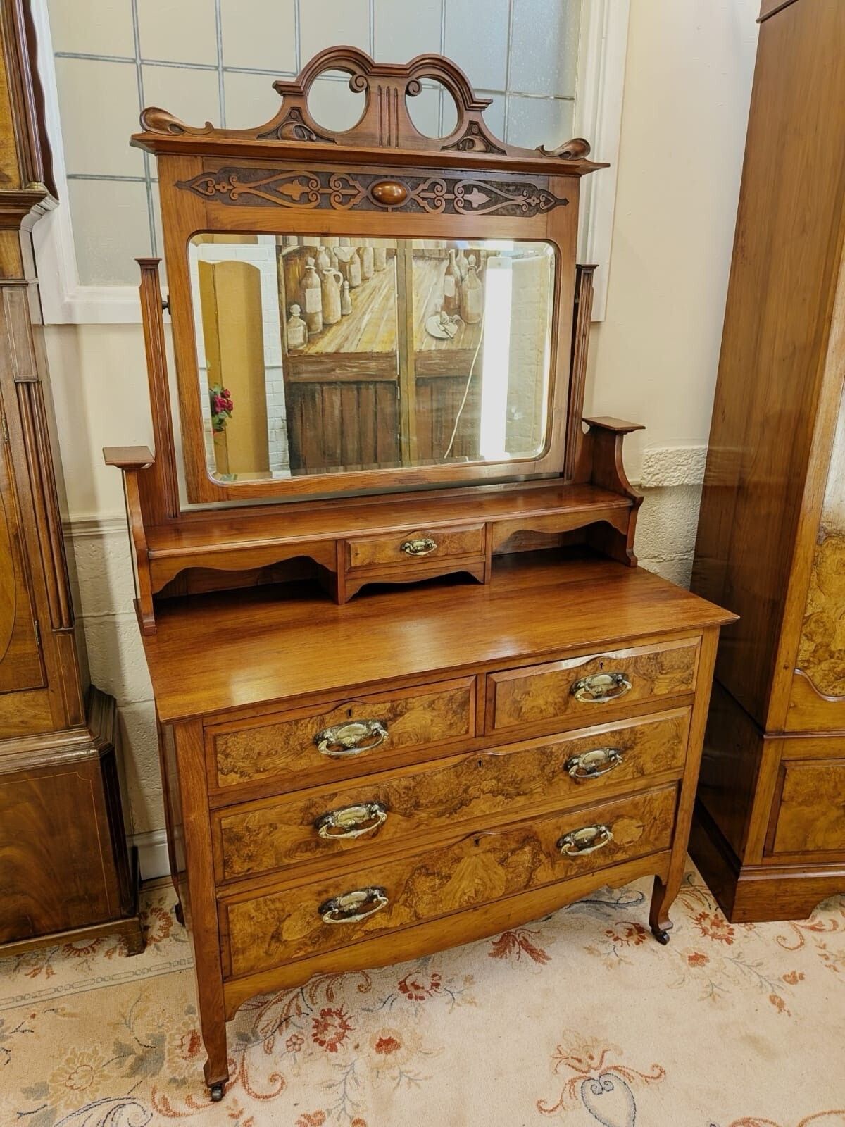 Elegant Edwardian Walnut & Burr Walnut Carved Wardrobe And Chest photo for sale