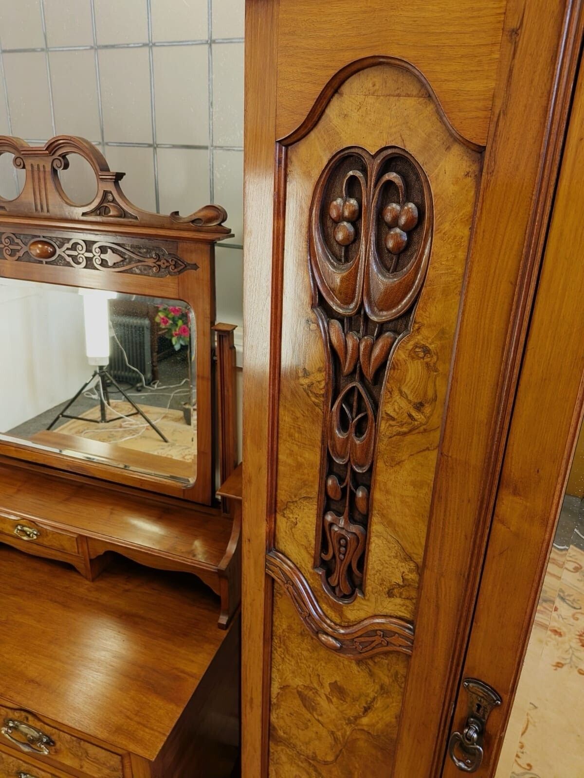 photo for sale Elegant Edwardian Walnut & Burr Walnut Carved Wardrobe And Chest