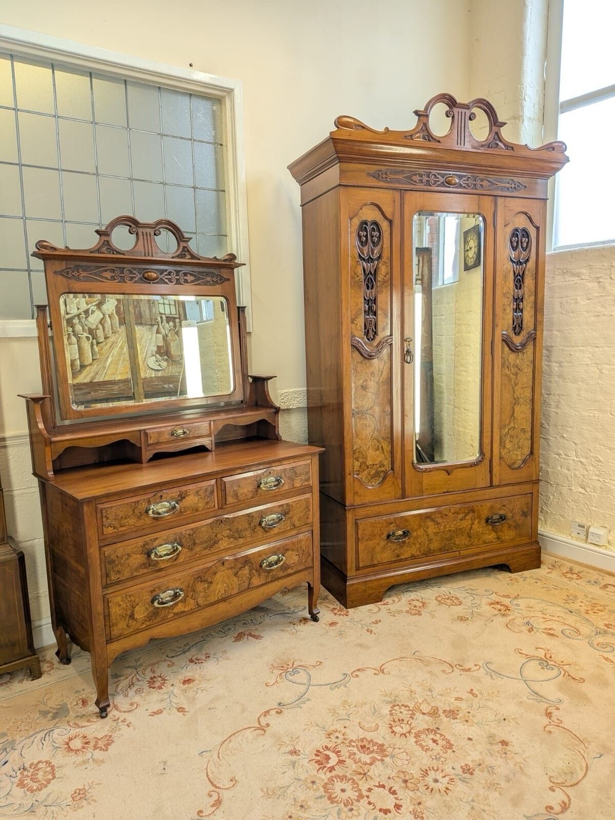 Furniture Elegant Edwardian Walnut & Burr Walnut Carved Wardrobe And Chest photo