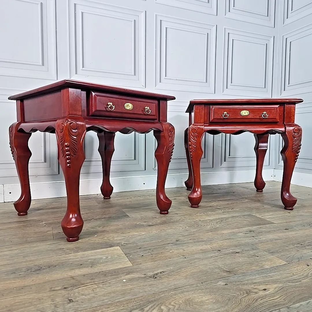 Antique Pair 2 Solid Wood Bedside End Lamp Tables Drawers Queen Anne   Mahogany photo furniture