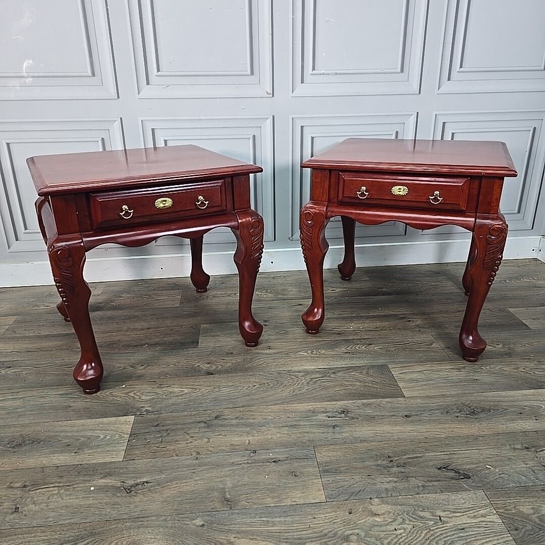 Antique Pair 2 Solid Wood Bedside End Lamp Tables Drawers Queen Anne   Mahogany photo for sale