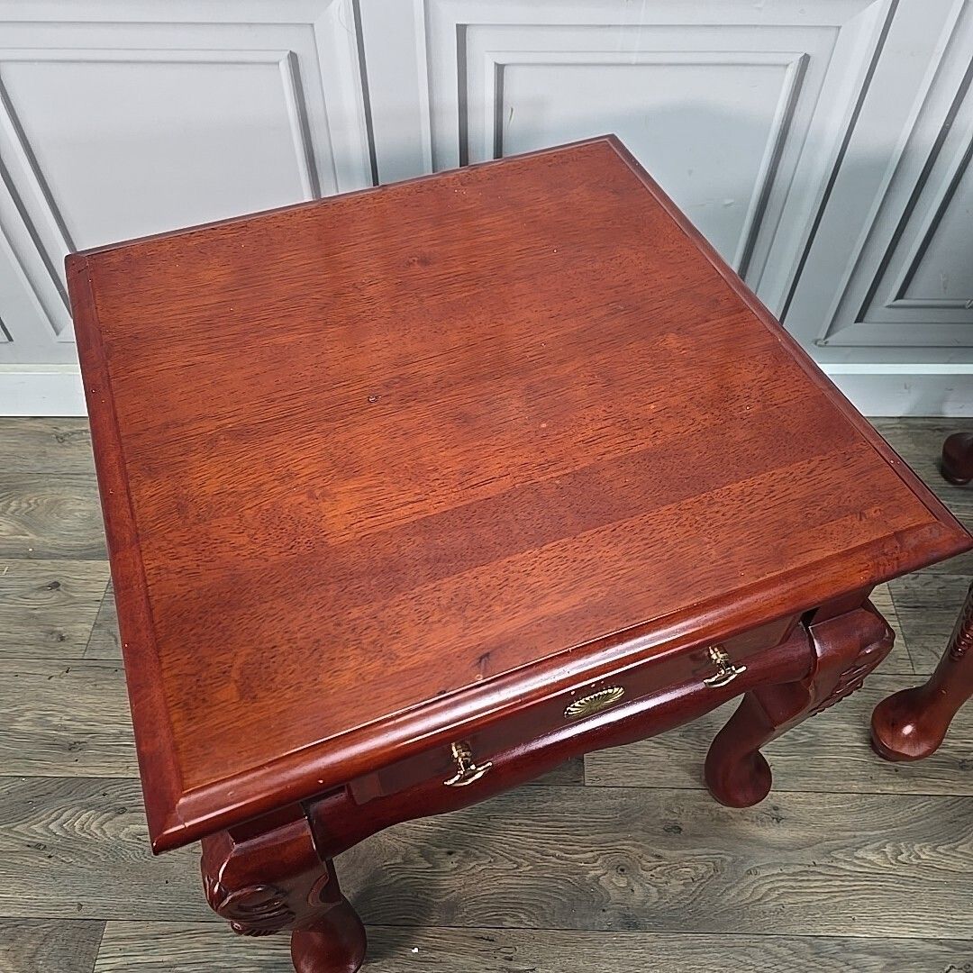 Antique Pair 2 Solid Wood Bedside End Lamp Tables Drawers Queen Anne   Mahogany photo Furniture