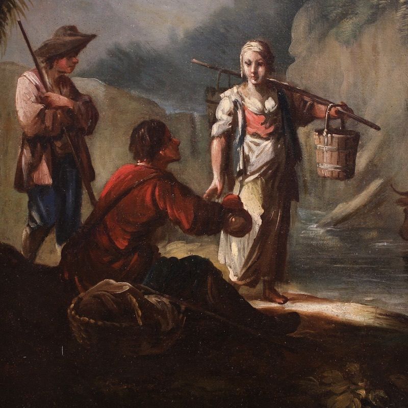 Great 18th Century Italian Painting, Landscape With Genre Scene photo vinterior
