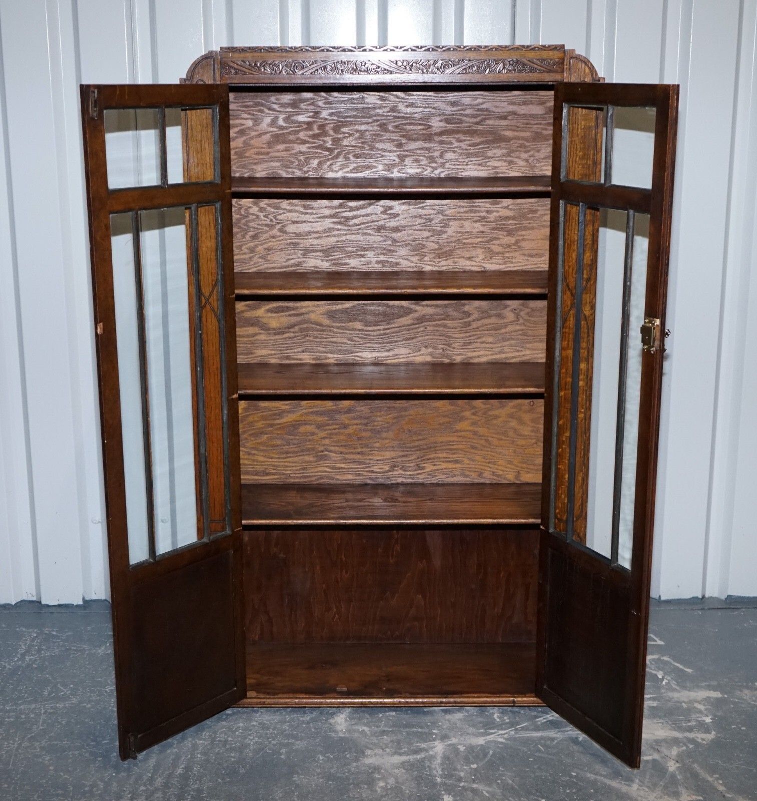 1450.0 Antique Circa 1920's English Oak Art Deco Carved Bookcase Cabinet photo