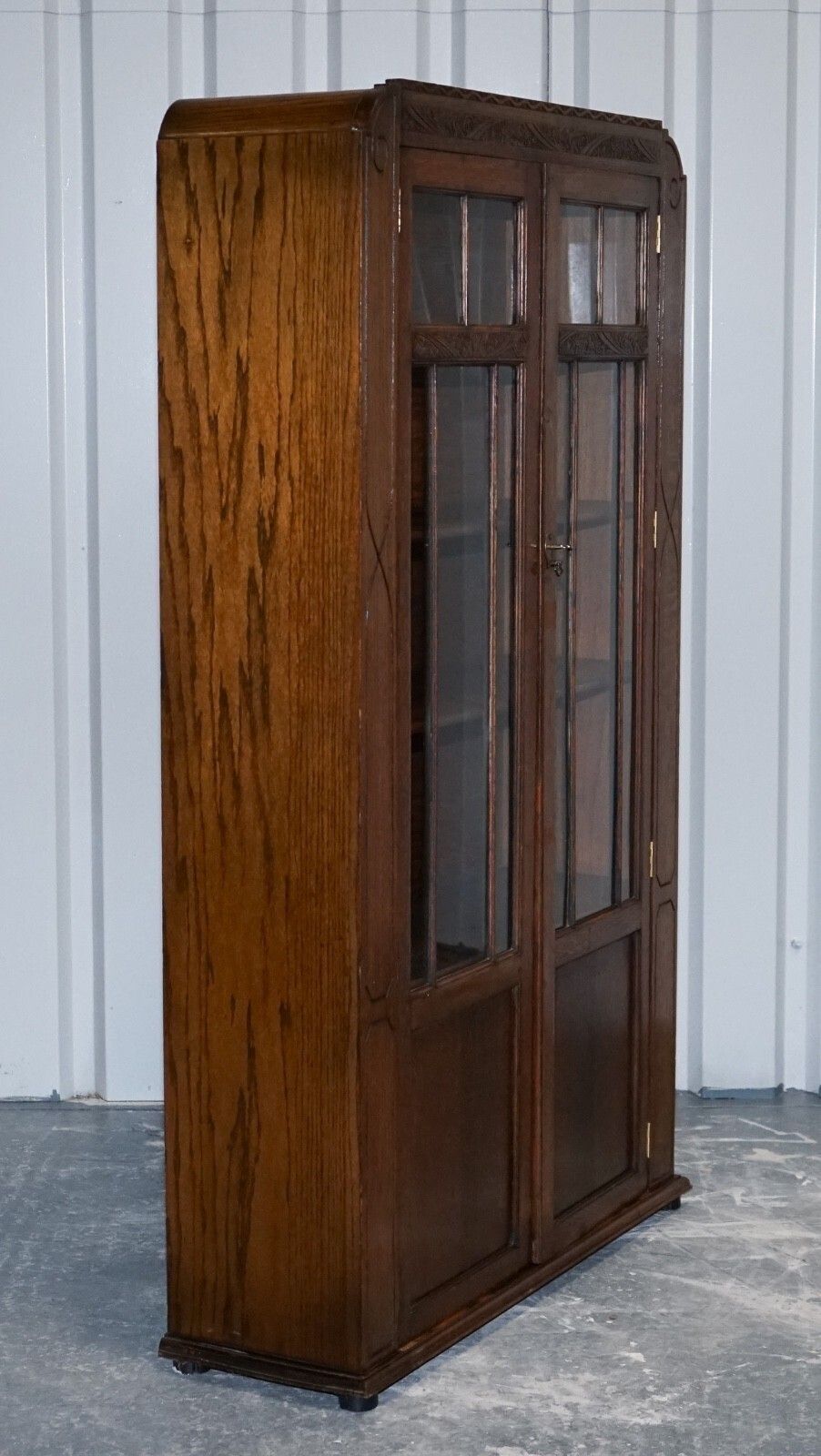 photo buy Antique Circa 1920's English Oak Art Deco Carved Bookcase Cabinet