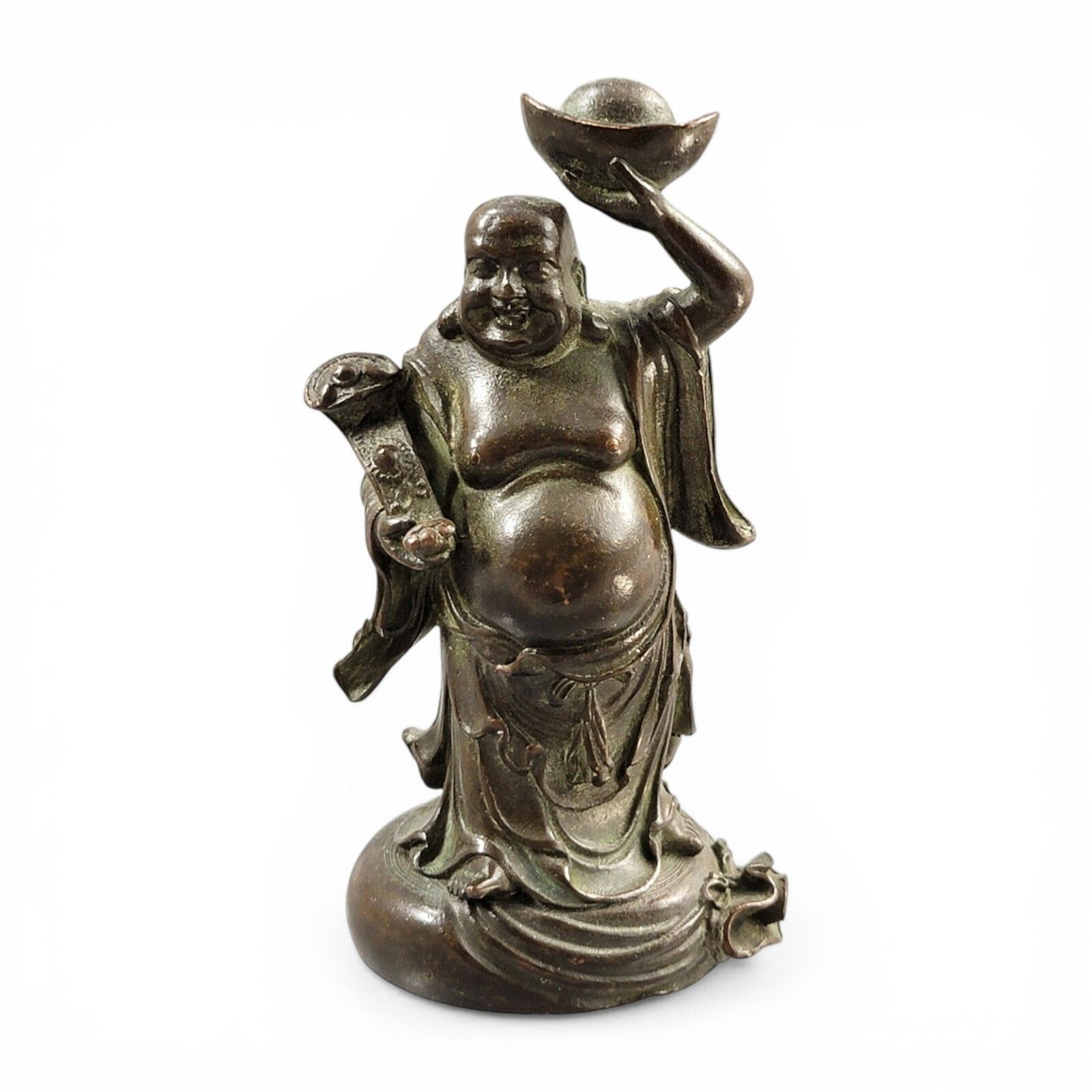 Antique Chinese Small Bronze Figure Of Budai With Yuanbao And Ruyi, C. 1900