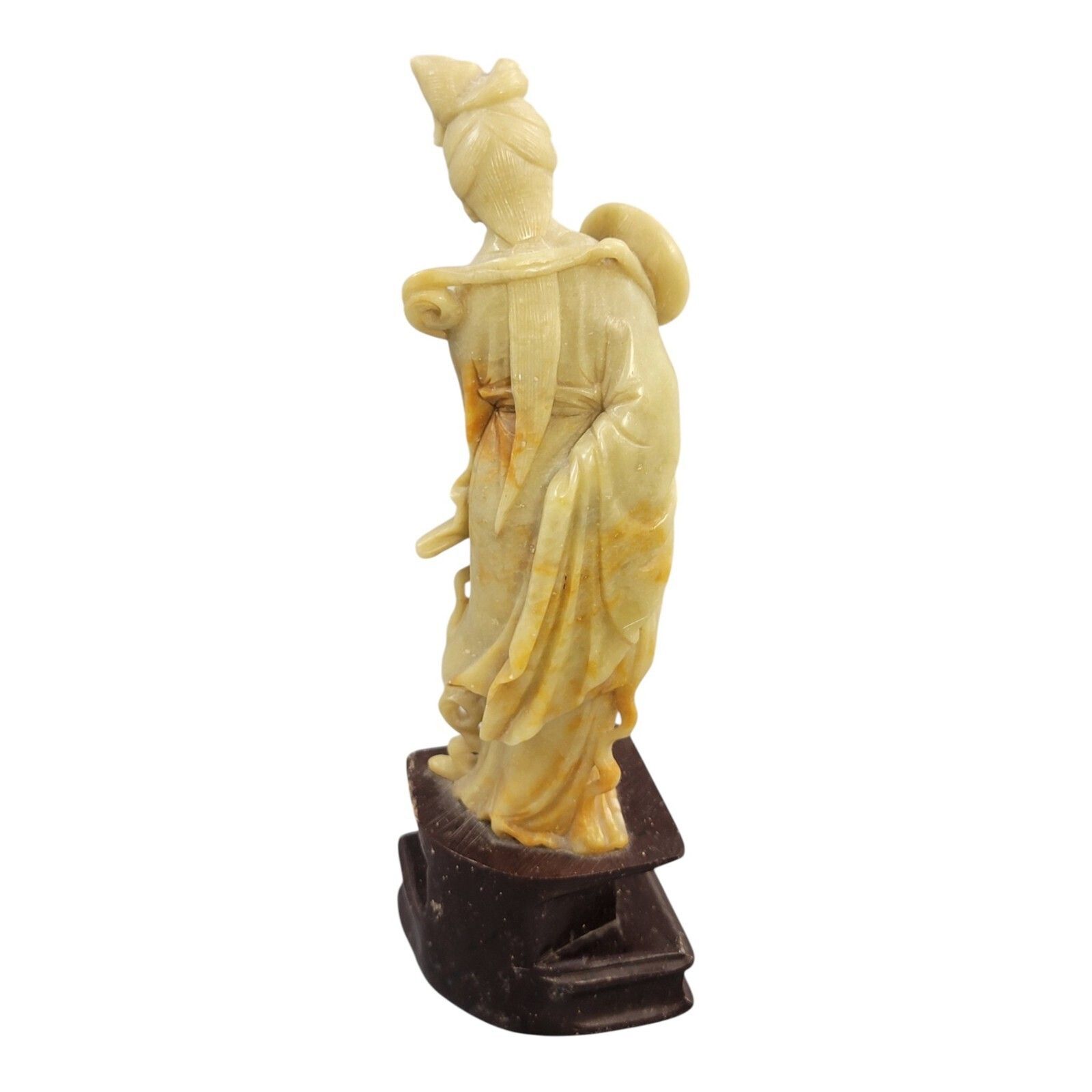 Antique Chinese Soapstone Figure Of Guanyin Holding A Round Fan, C. 1910 photo 400.0