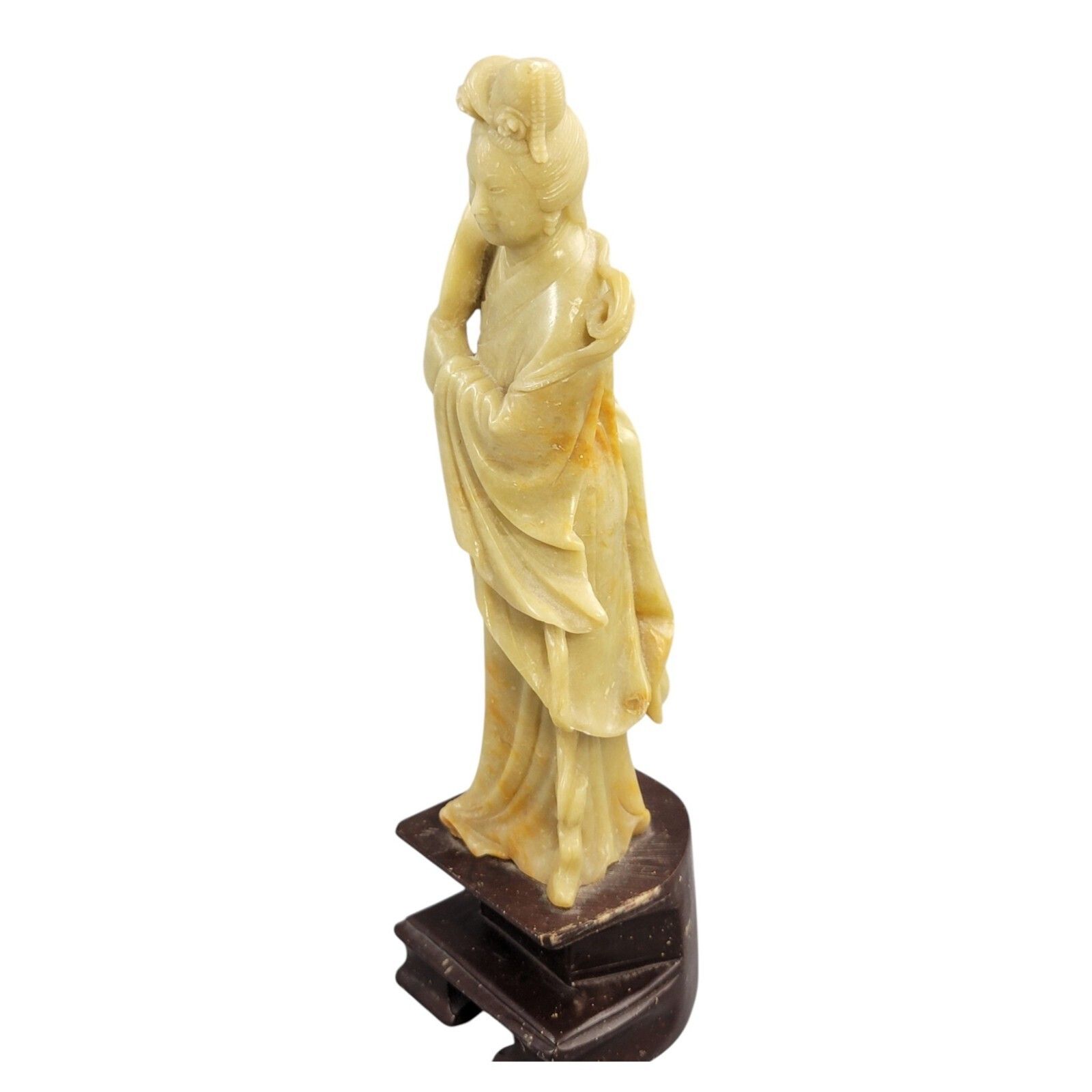Antique Chinese Soapstone Figure Of Guanyin Holding A Round Fan, C. 1910 photo vinterior