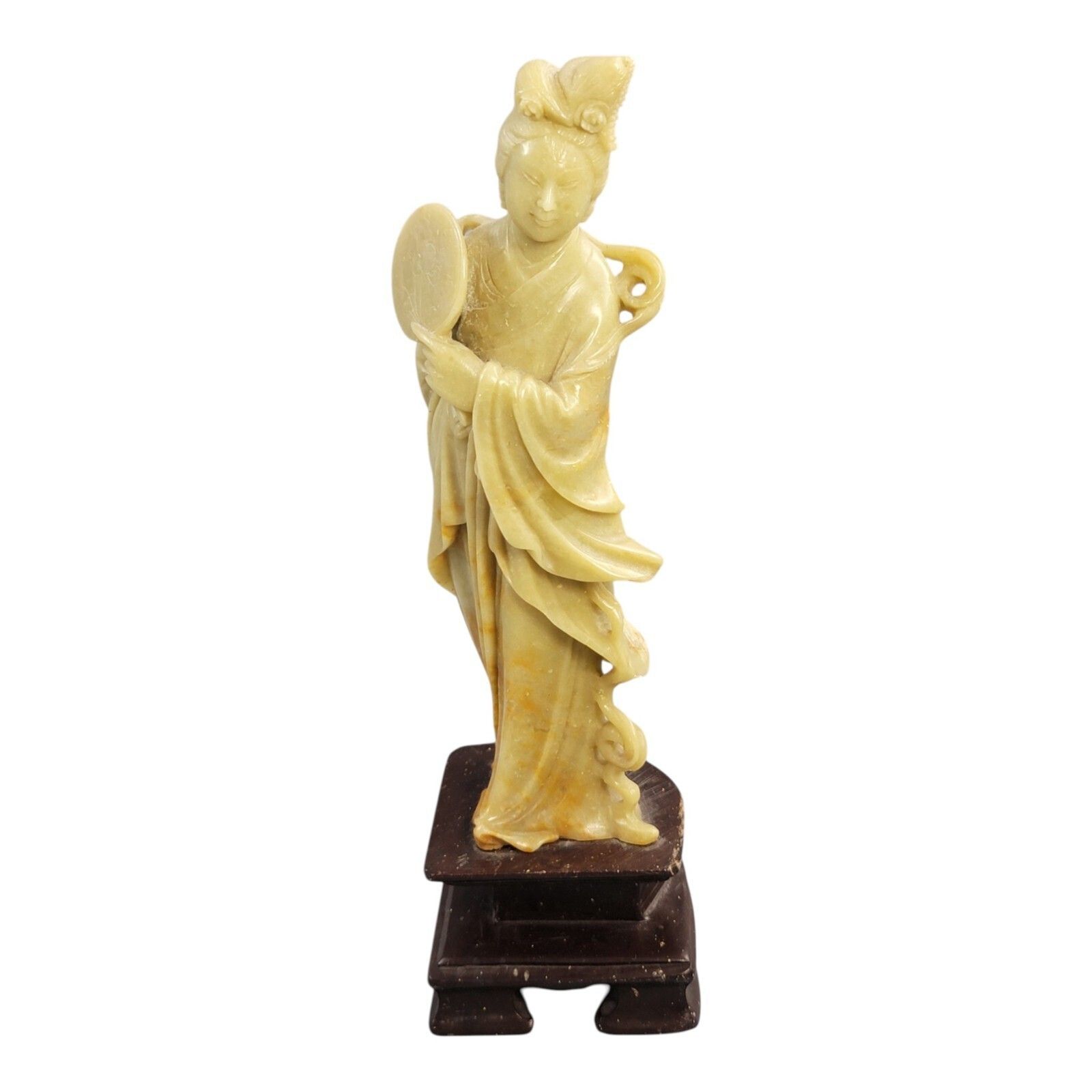 Antique Chinese Soapstone Figure Of Guanyin Holding A Round Fan, C. 1910 photo buy