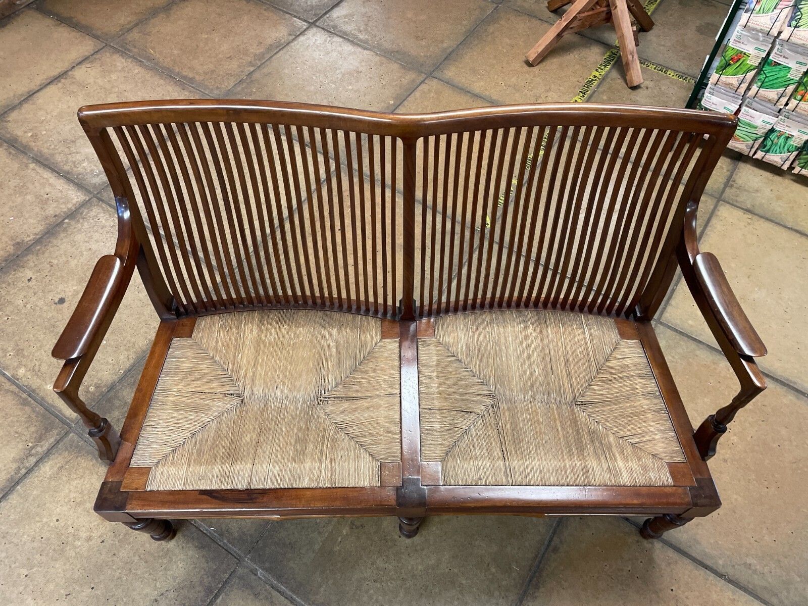 Early 20th Century French Mahogany & Rush 2 Seater Lovers Seat/ Bench photo buy