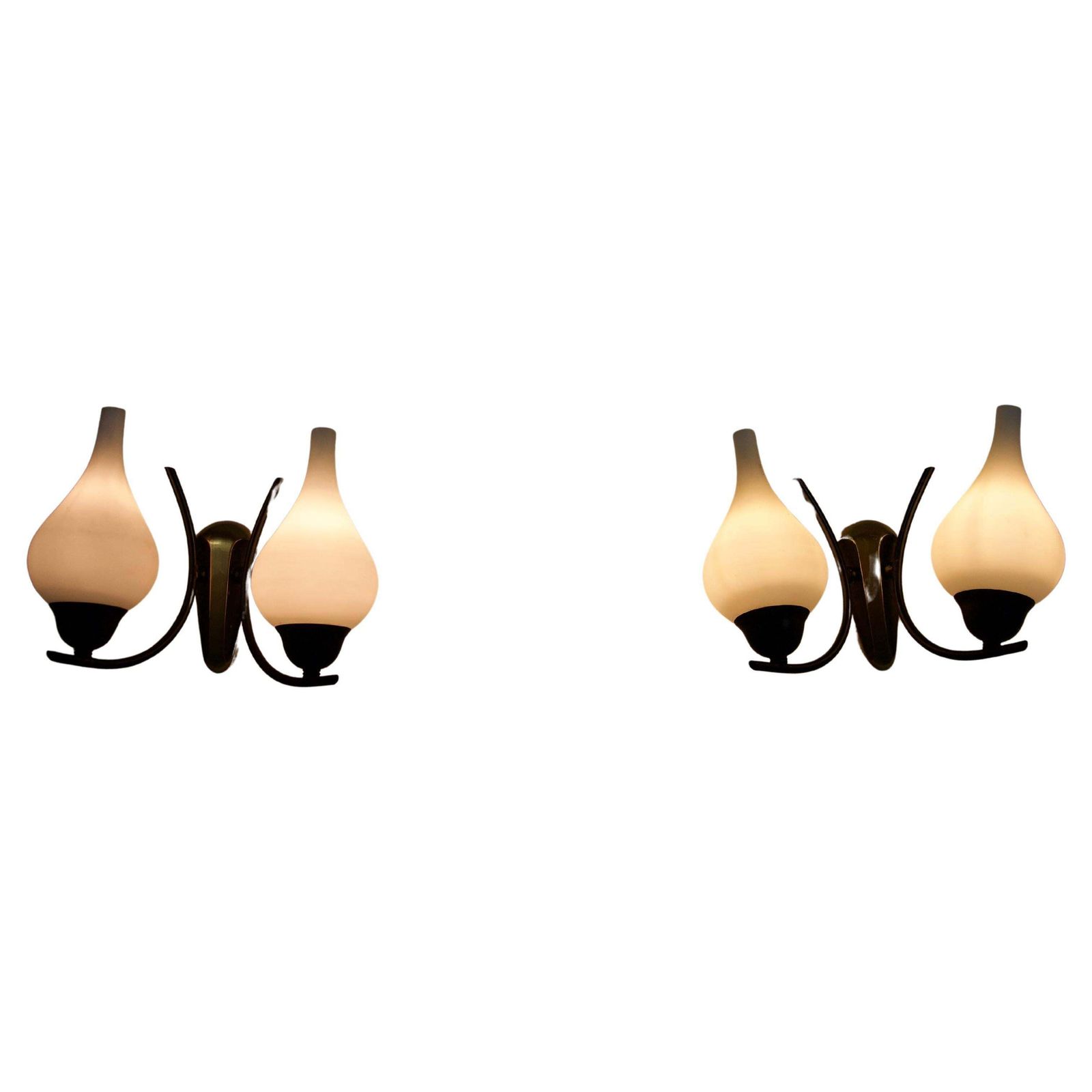 Mid Century Brass And Opaline Wall Lamps, Italy, 1960s