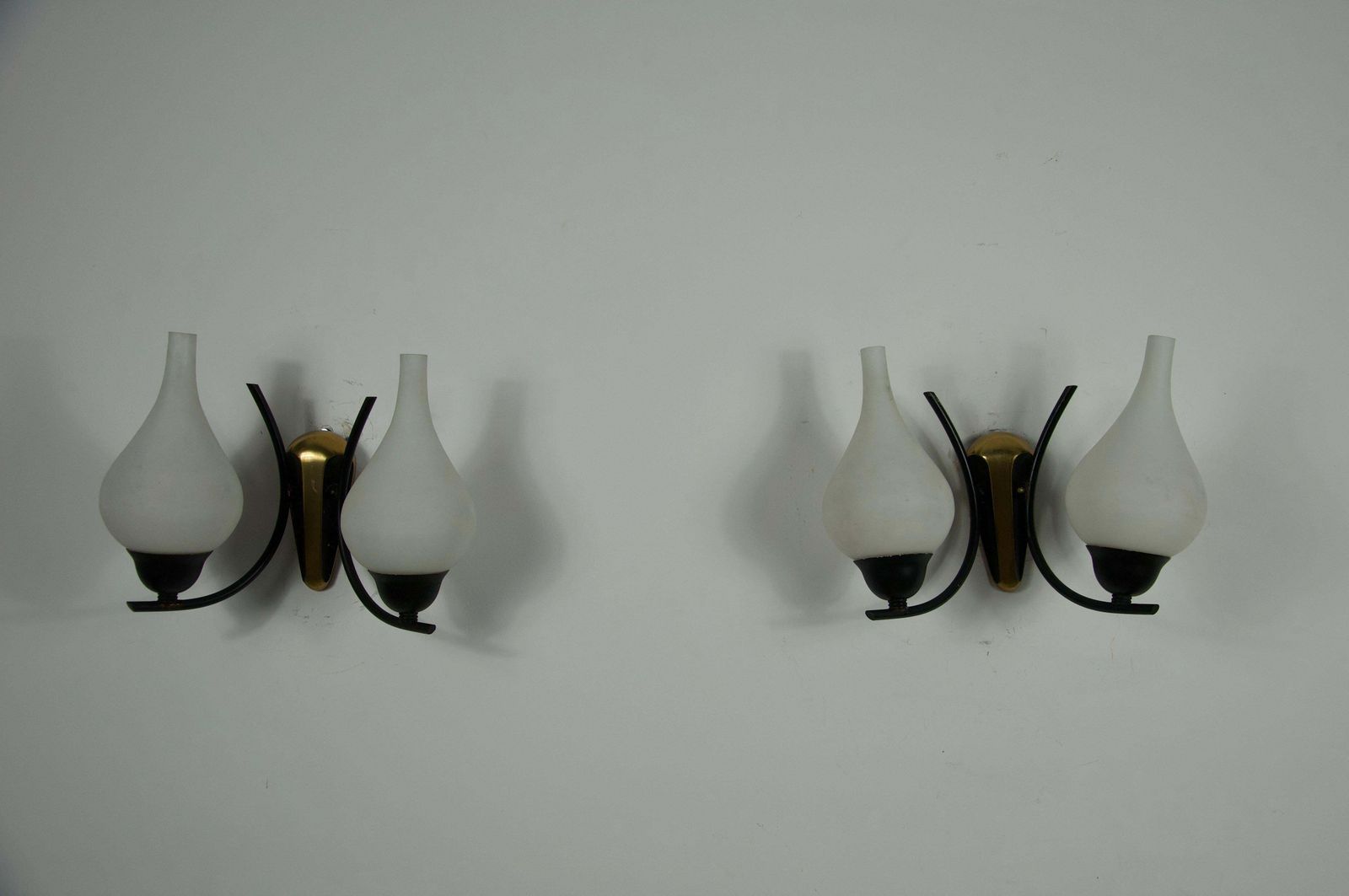 Mid Century Brass And Opaline Wall Lamps, Italy, 1960s photo furniture