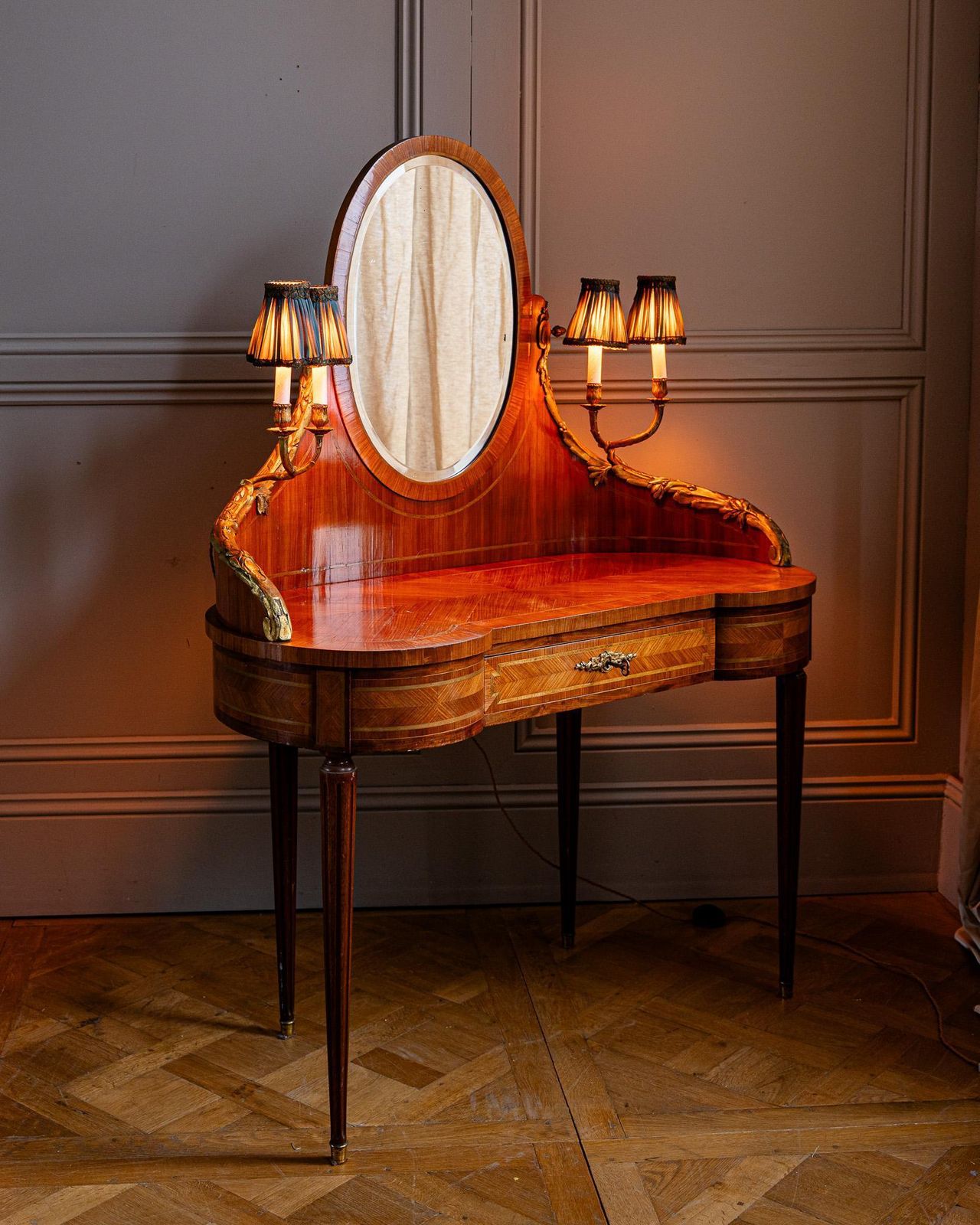 French Louis XVI Style Marquetry Dressing Table With Ormolu Lights, Belle époque photo buy