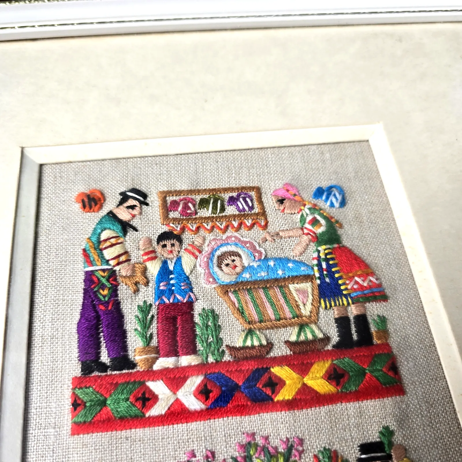 Vintage Scandinavian Wall Art Crewel Embroidery Folk Art 1960s Family Life Scene photo for sale