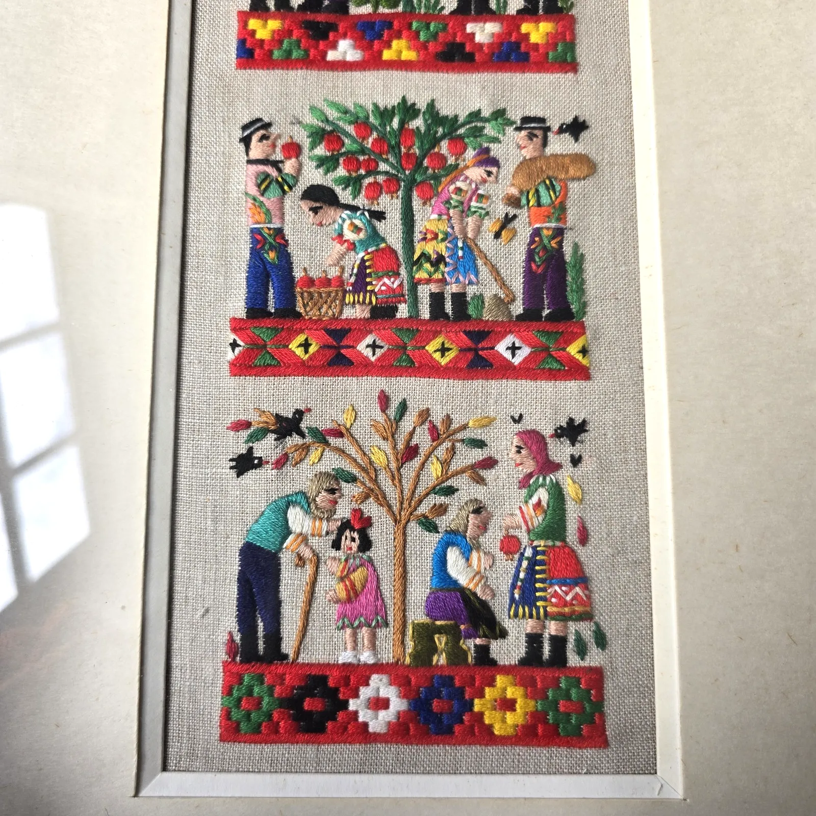 Vintage Scandinavian Wall Art Crewel Embroidery Folk Art 1960s Family Life Scene photo 75.0