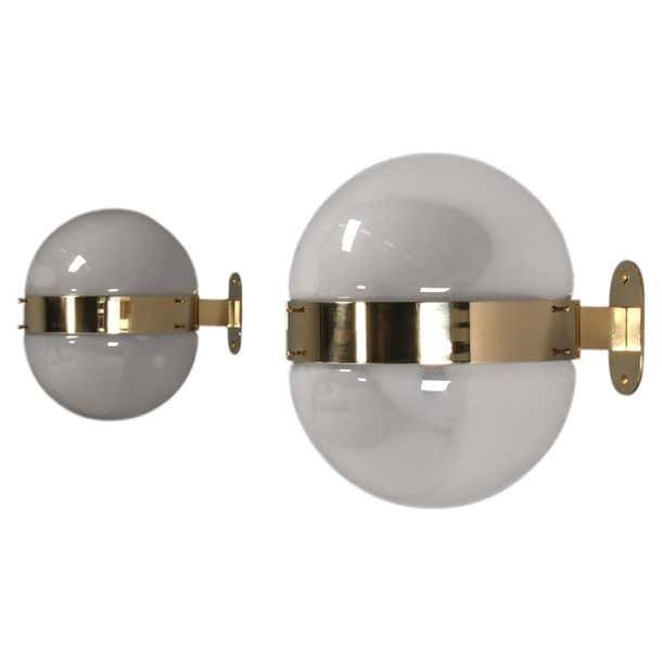 Set Of Two Brass And Opaline Glass ‘Clio’ Sconces By Sergio Mazza For Artemide