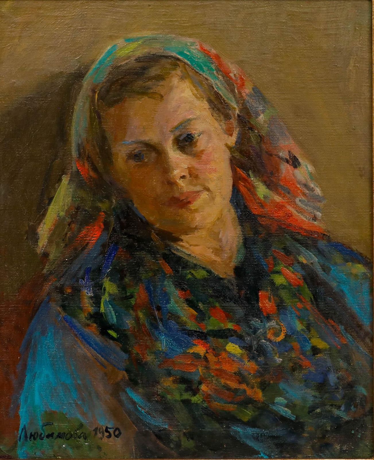 Vera Aleksandrovna Lyubimova (1918 2010)   Framed Oil, Woman In A Headscarf photo furniture