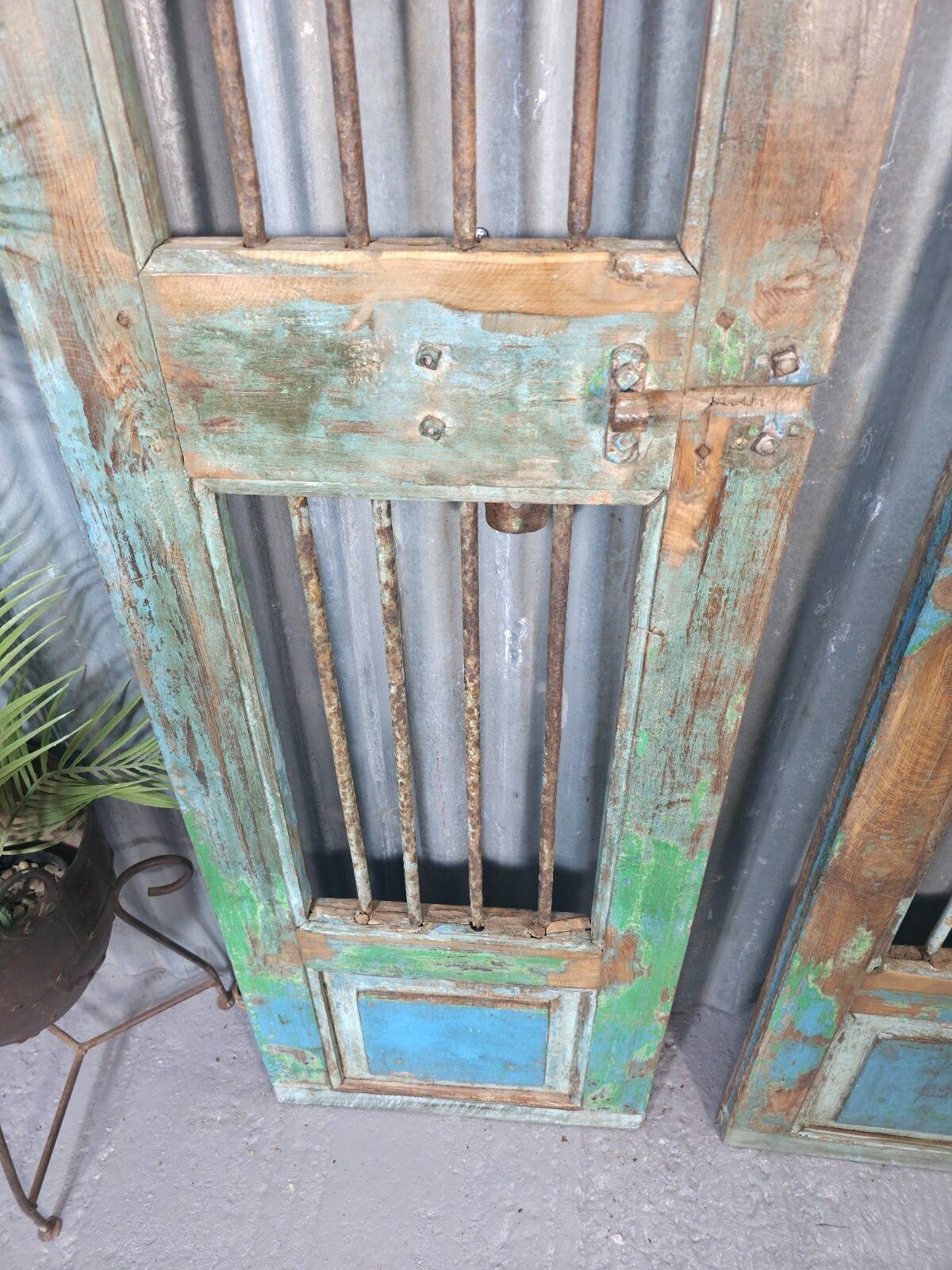 Pair Vintage Rustic Indian Wooden Iron Doors Garden Gates Room Divider Screen photo vintage